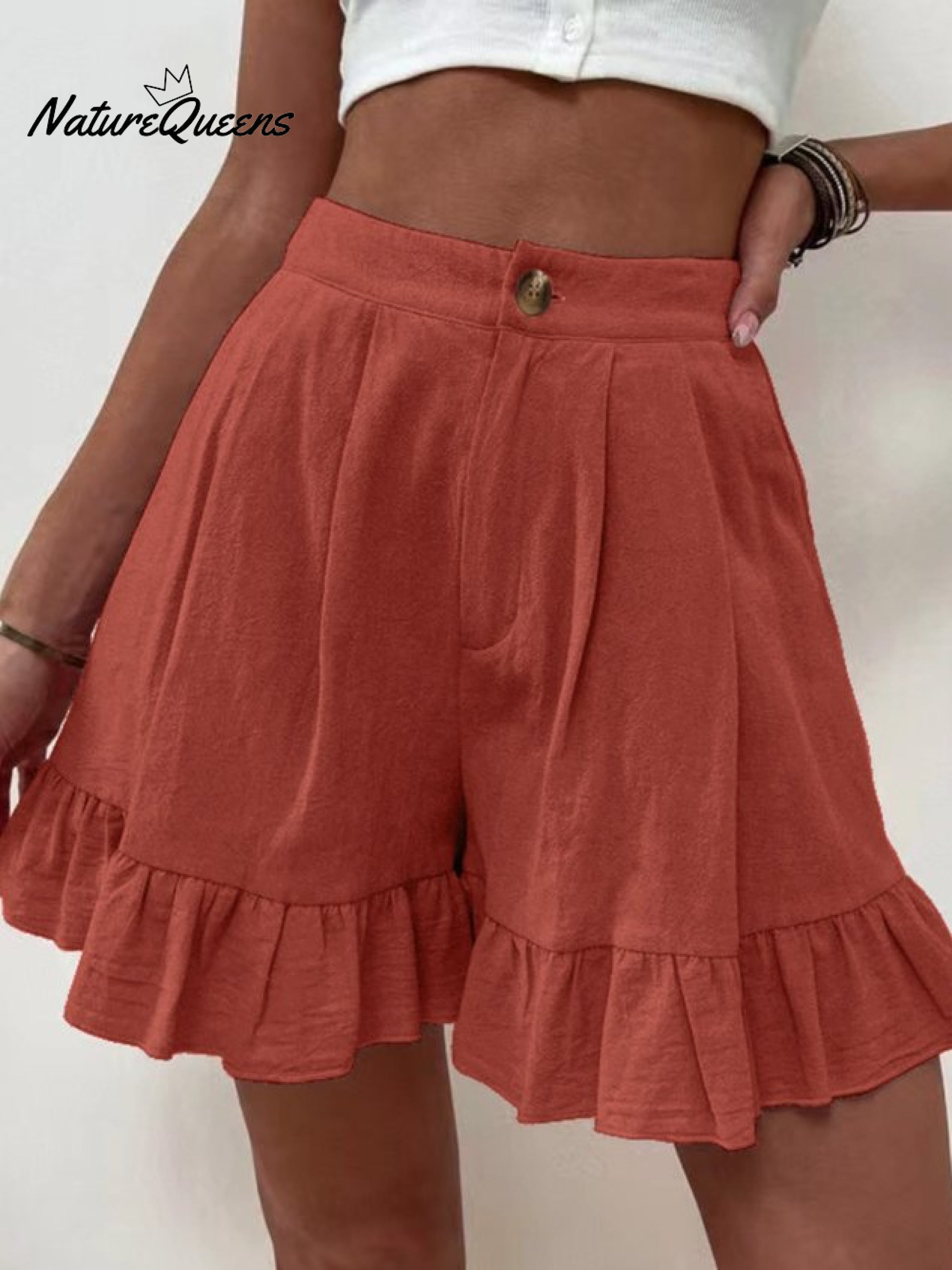 Women Summer Cotton Casual Plain Natural Ruffled Shorts