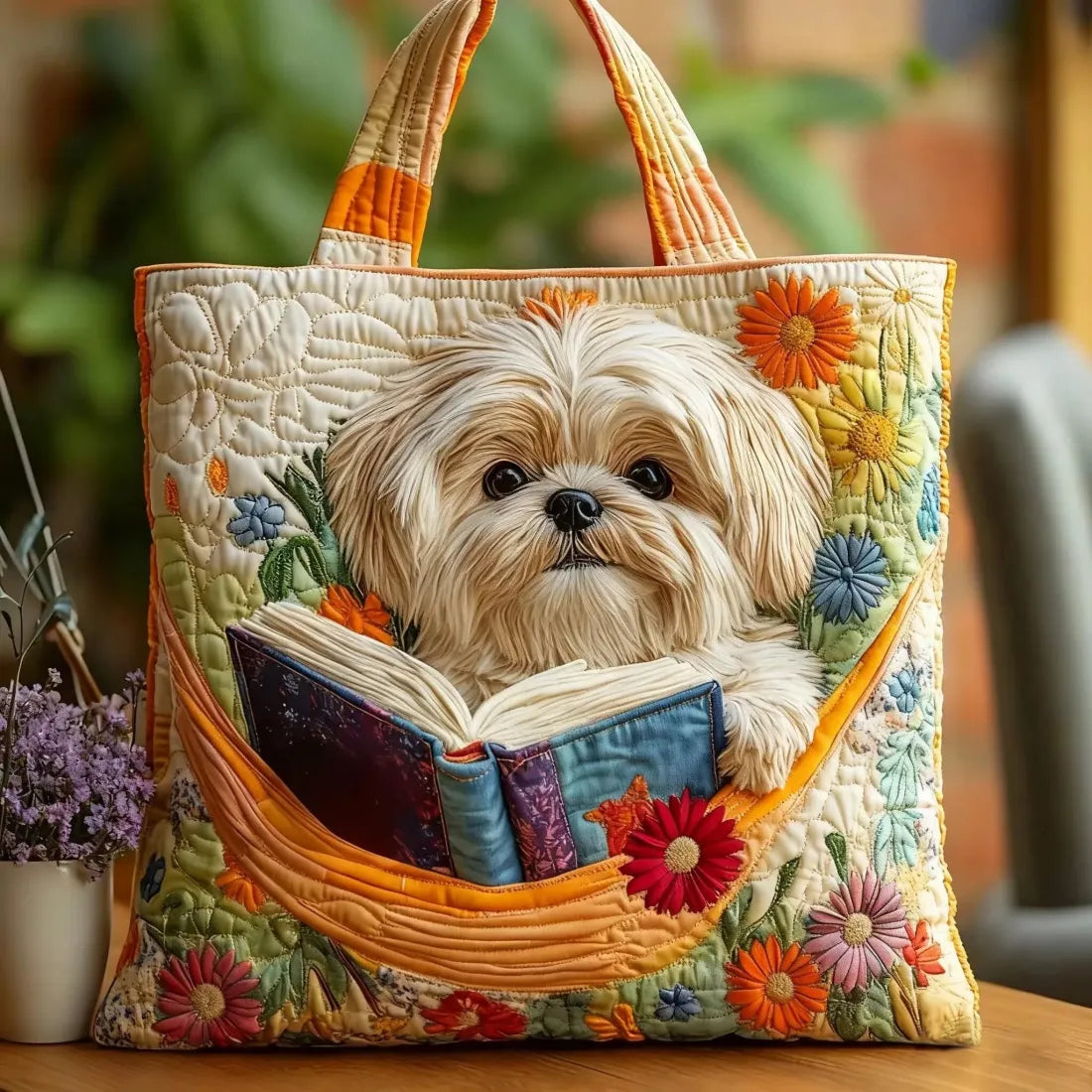 Umělecká taška - Shih Tzu obklopený knihami a květinami