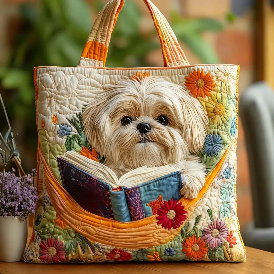Umělecká taška - Shih Tzu obklopený knihami a květinami