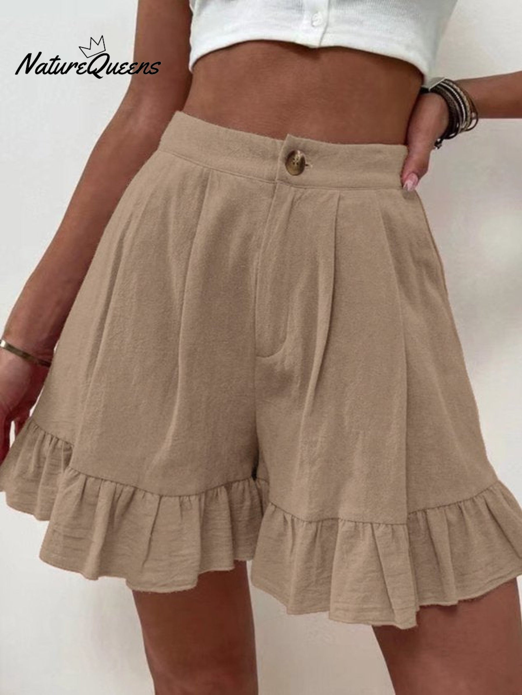 Women Summer Cotton Casual Plain Natural Ruffled Shorts