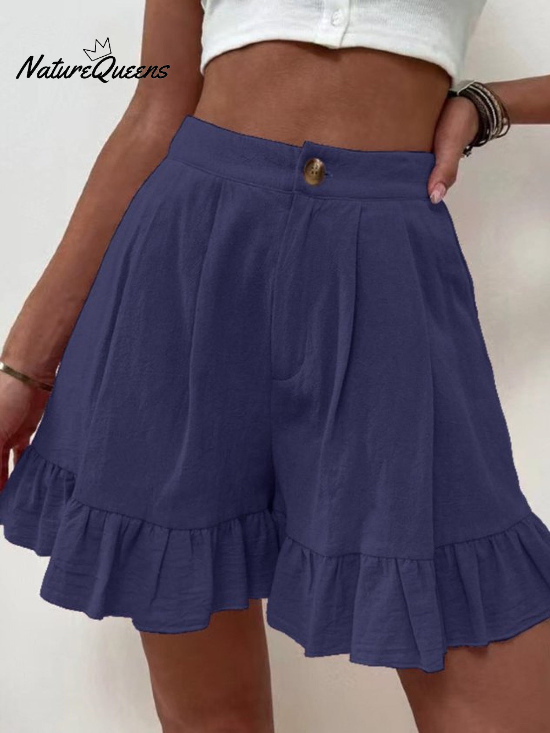 Women Summer Cotton Casual Plain Natural Ruffled Shorts