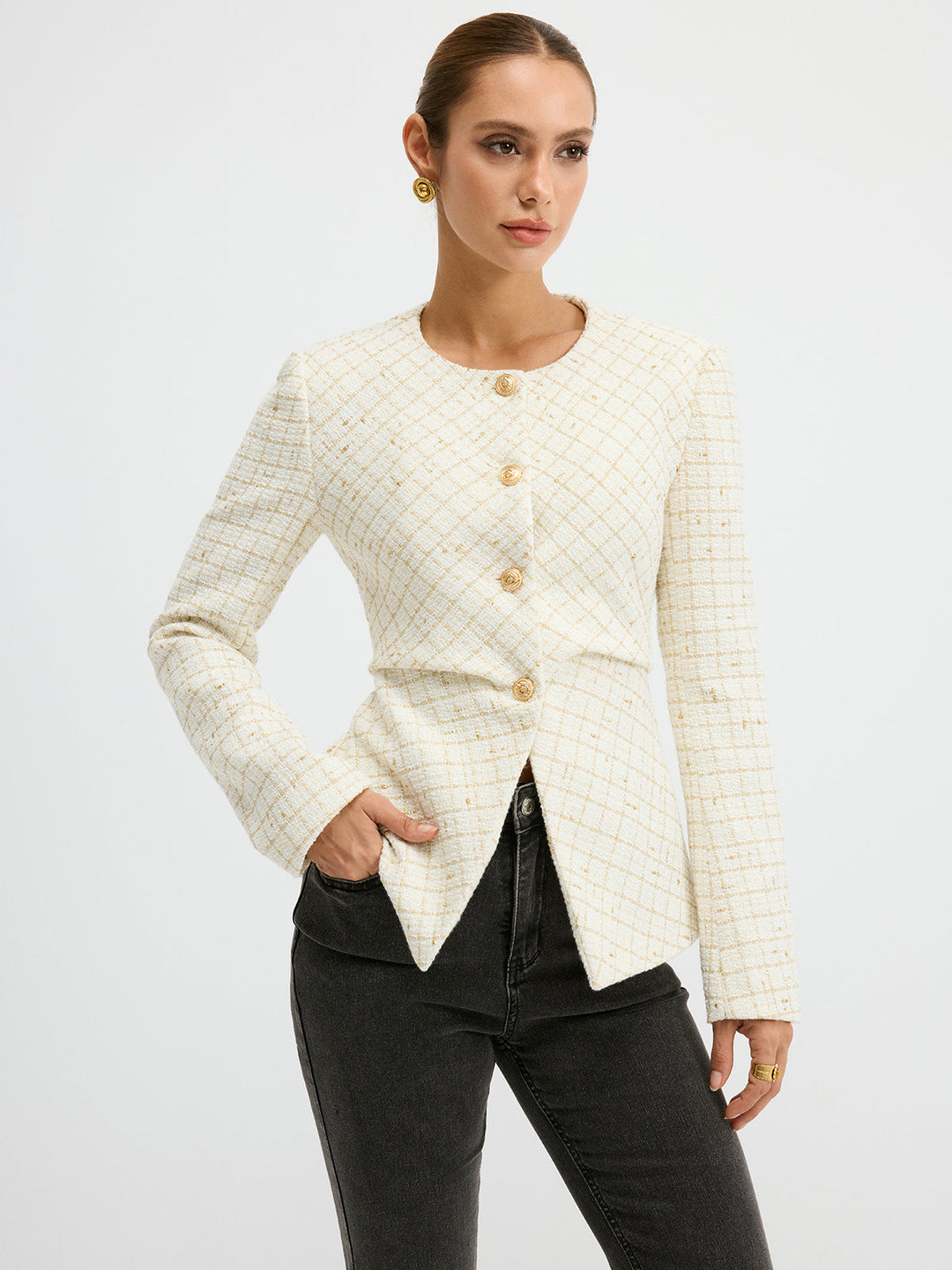 Tweed Round Neck Waist-Cinching Blazer