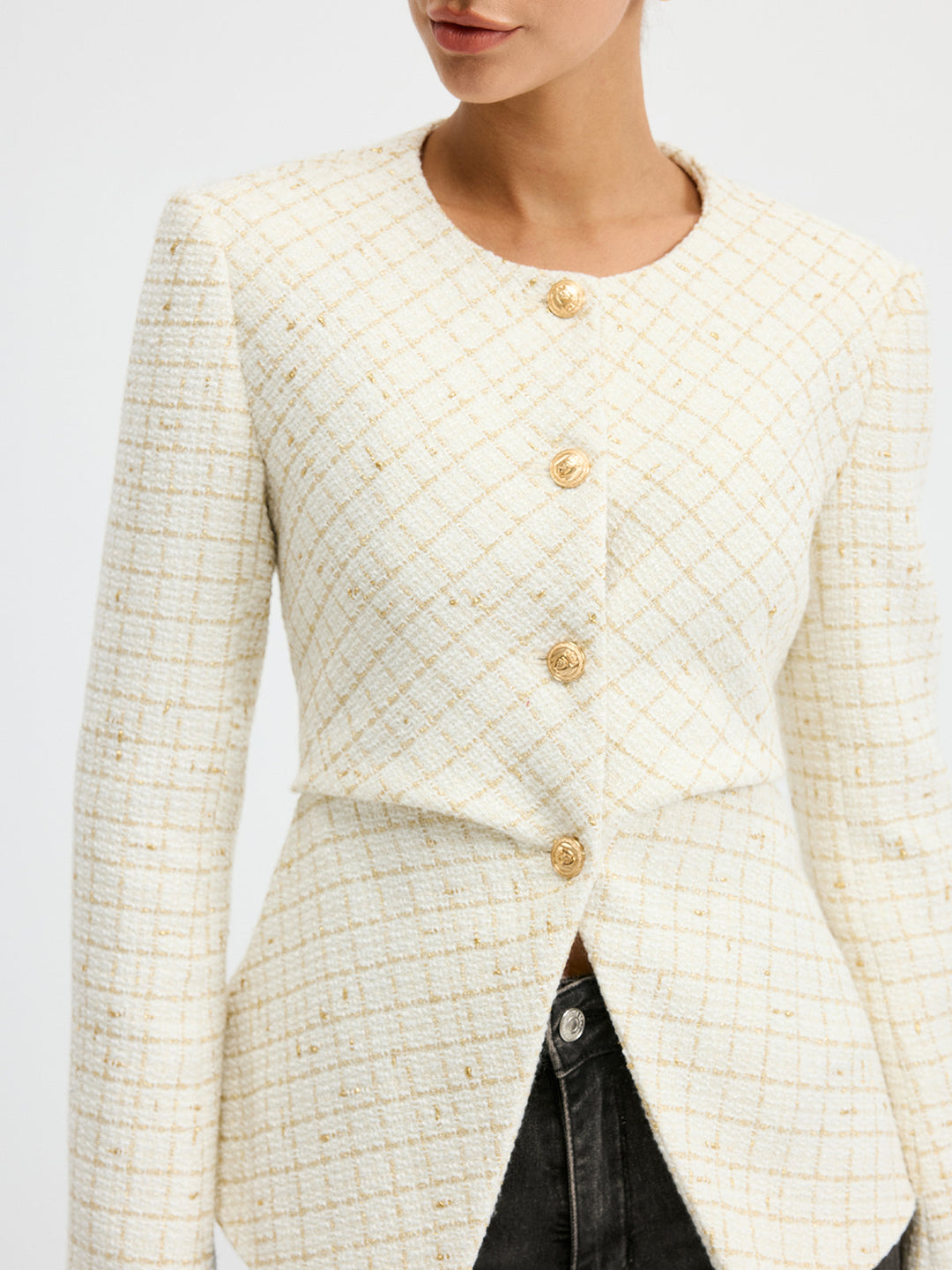 Tweed Round Neck Waist-Cinching Blazer