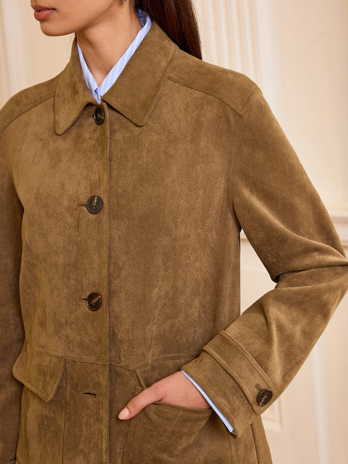 Collared Button-Front Suede Effect Blazer