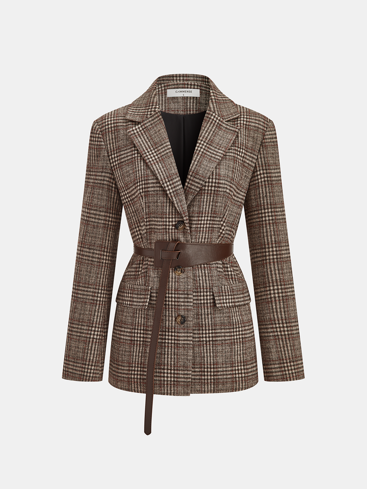 Belted Plaid Tweed Blazer