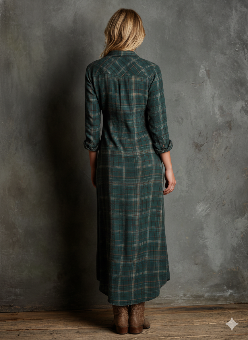 Women's Plaid Lapel Single-Breasted Shirt Maxi Dres