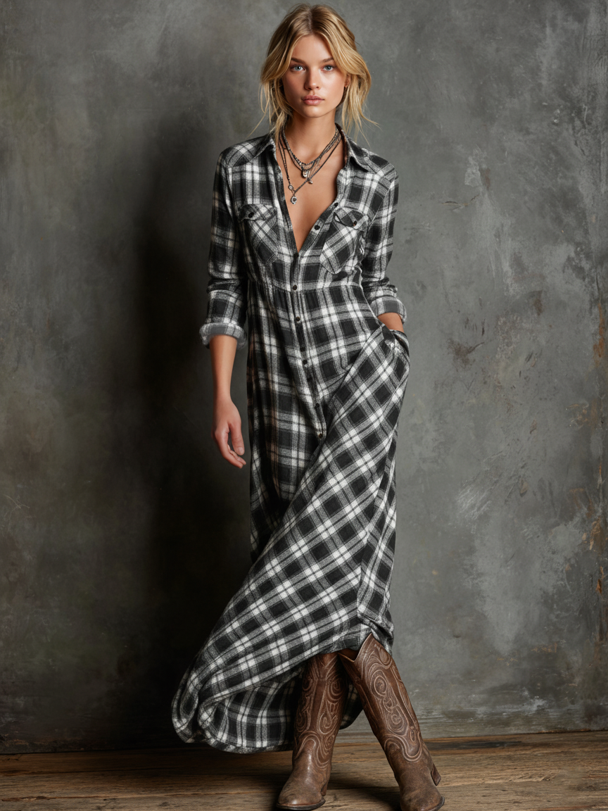 Women's Plaid Lapel Single-Breasted Shirt Maxi Dres