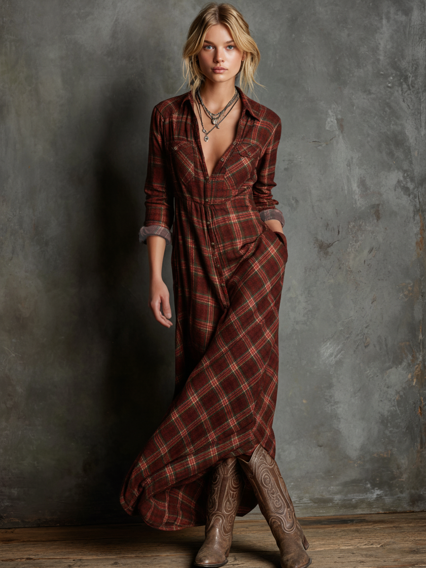 Women's Plaid Lapel Single-Breasted Shirt Maxi Dres