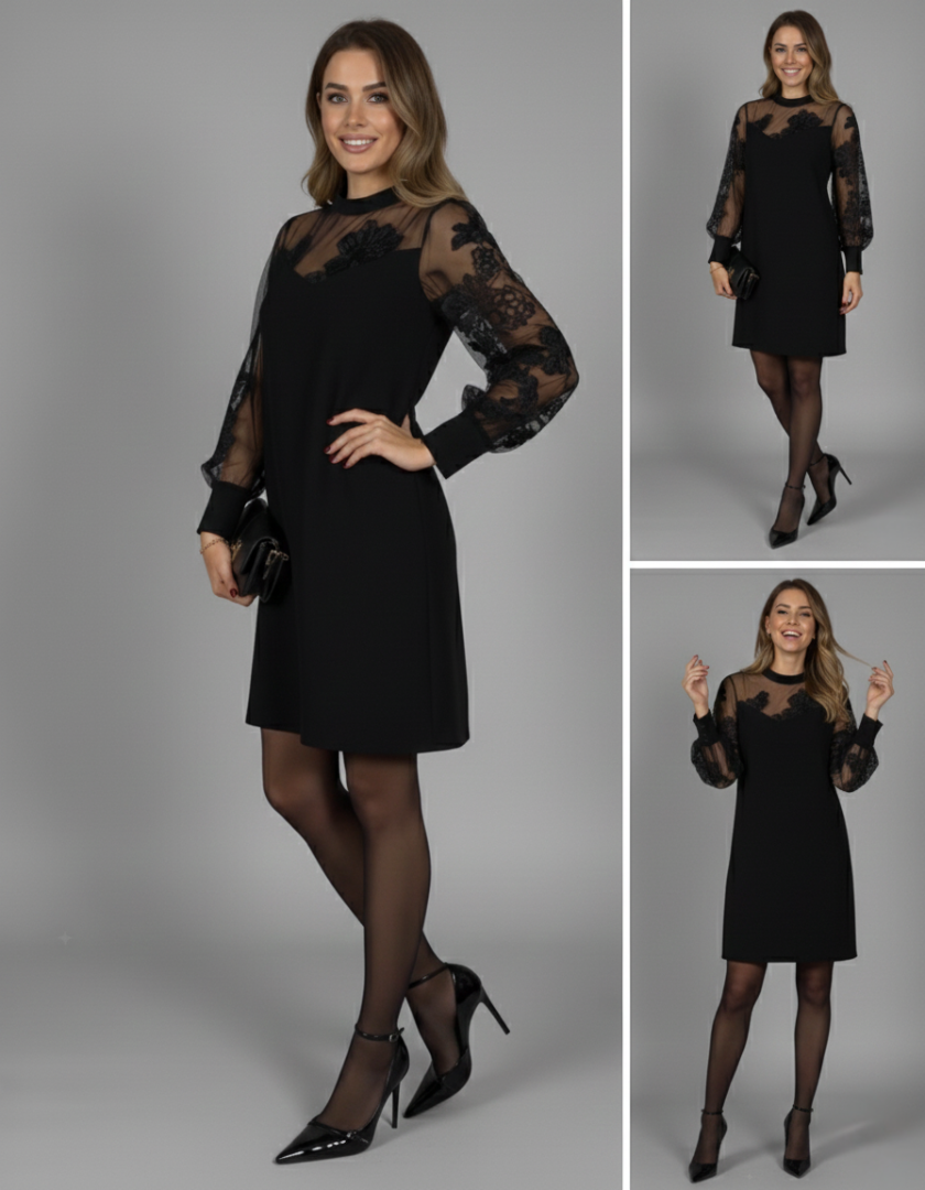 Caterina I Elegantní černé šaty s tylovými rukávy