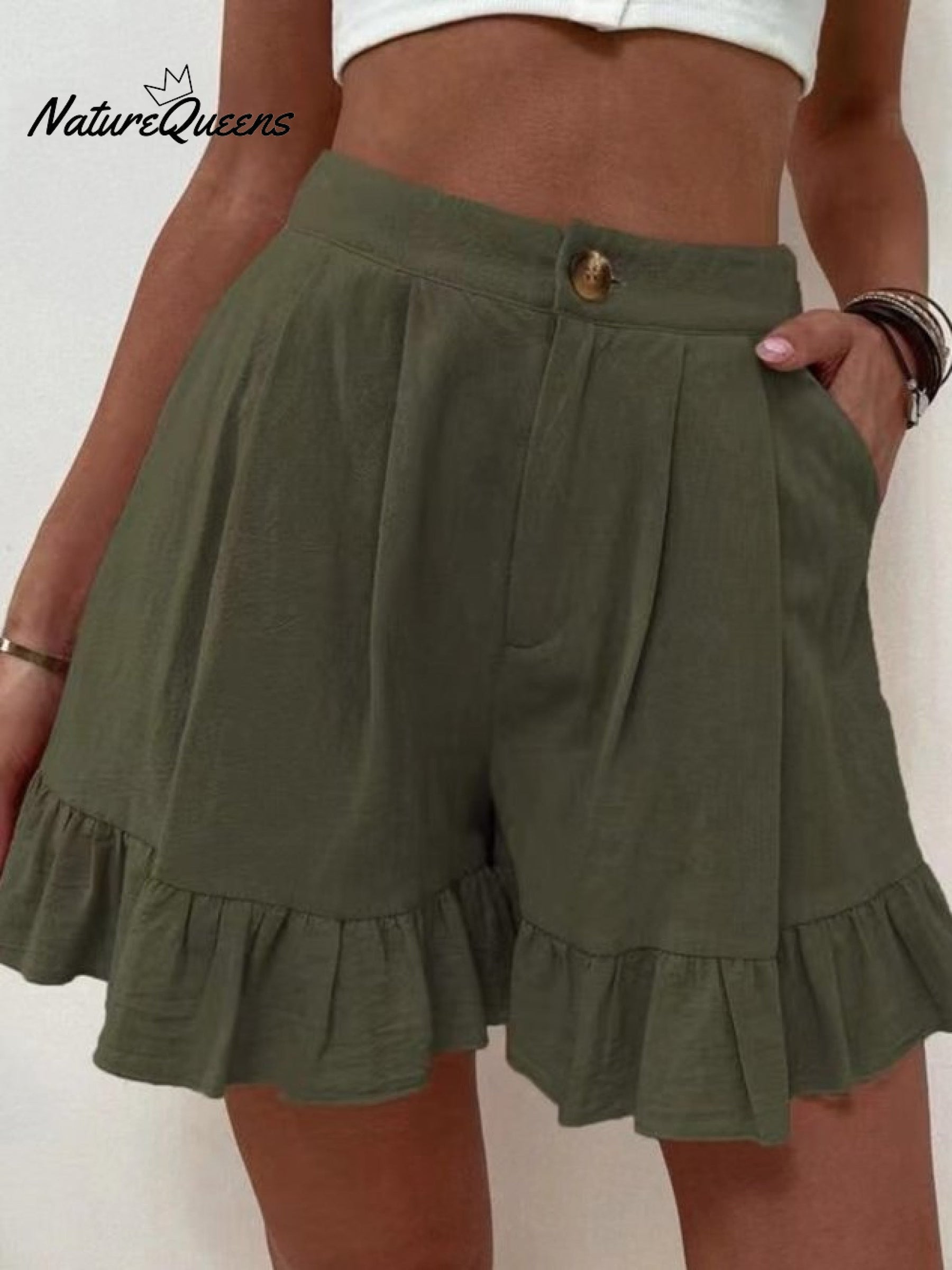 Women Summer Cotton Casual Plain Natural Ruffled Shorts