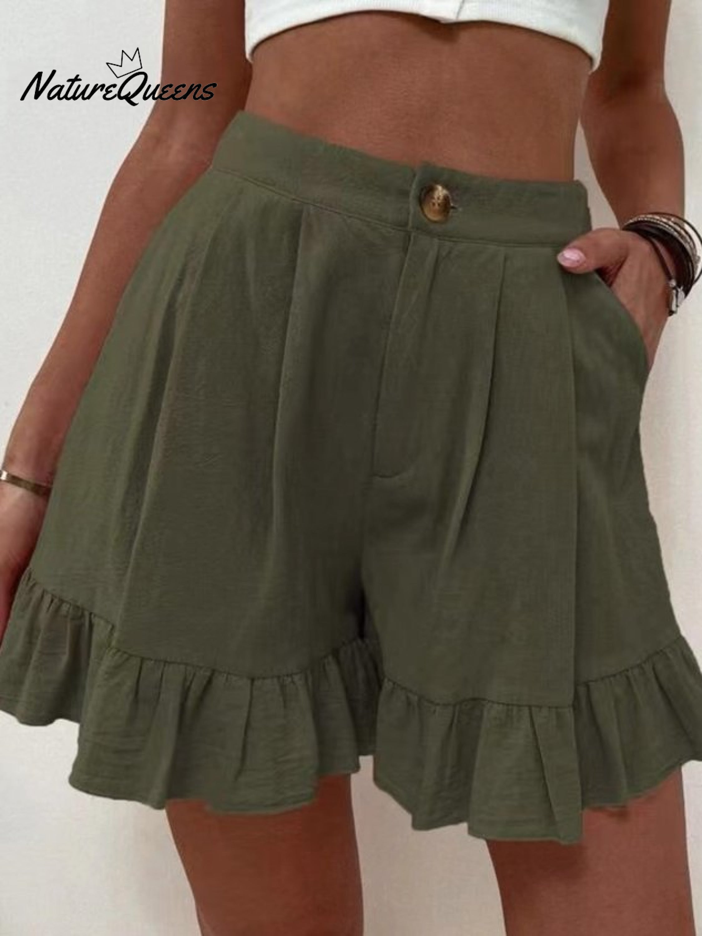 Women Summer Cotton Casual Plain Natural Ruffled Shorts