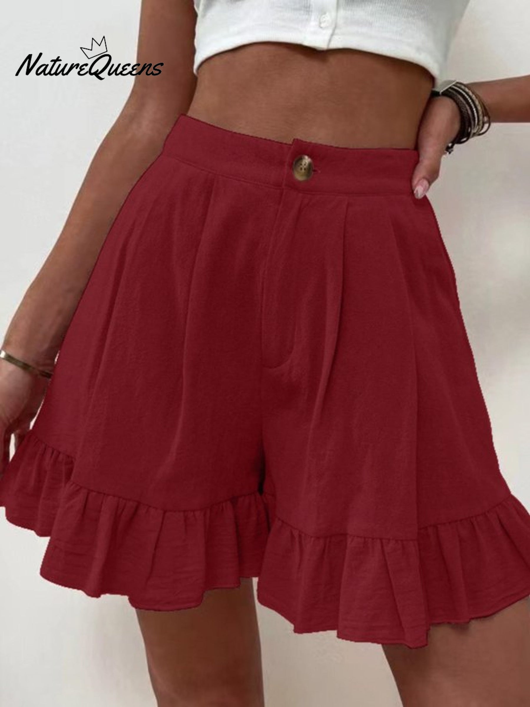 Women Summer Cotton Casual Plain Natural Ruffled Shorts