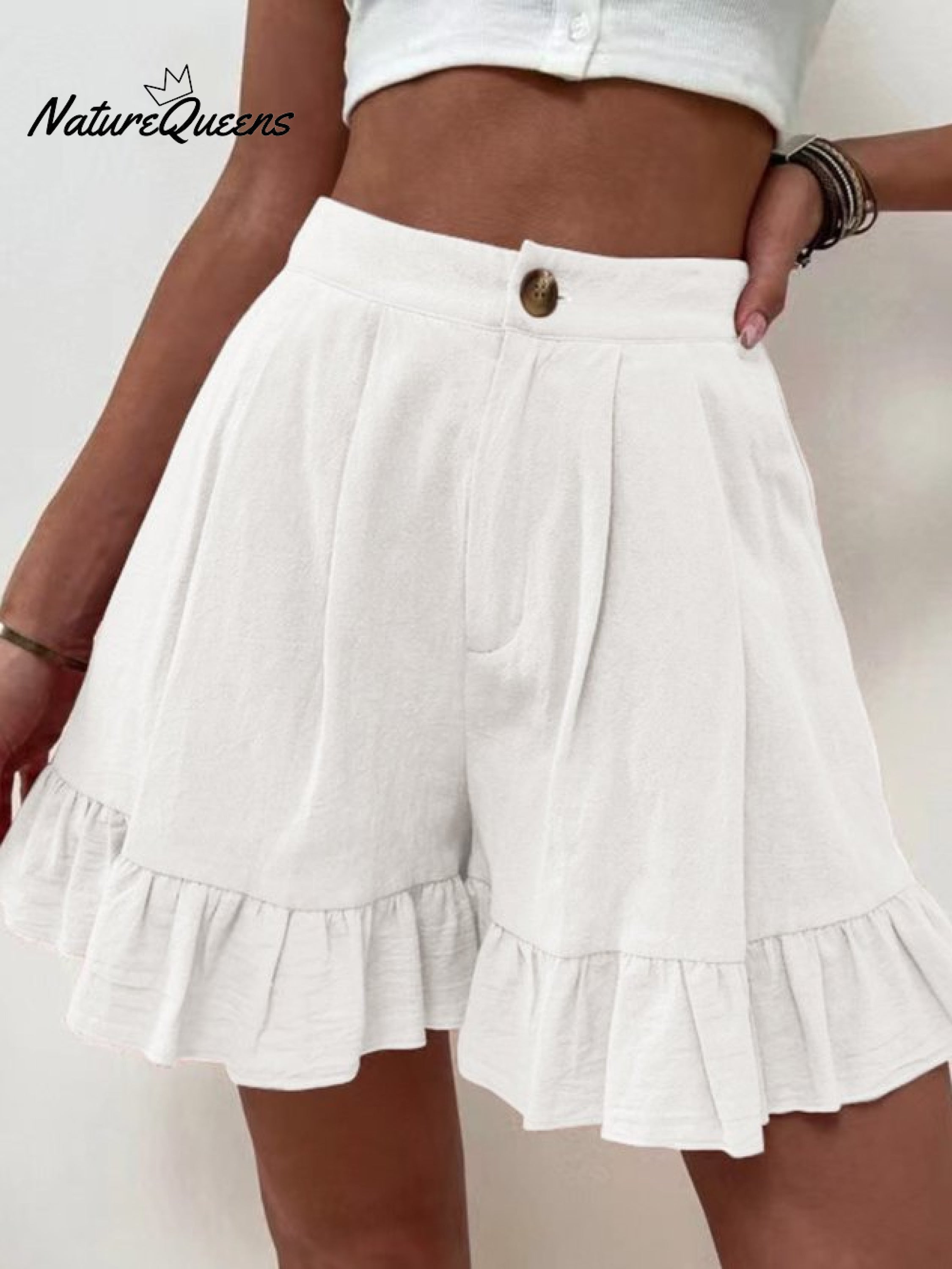 Women Summer Cotton Casual Plain Natural Ruffled Shorts