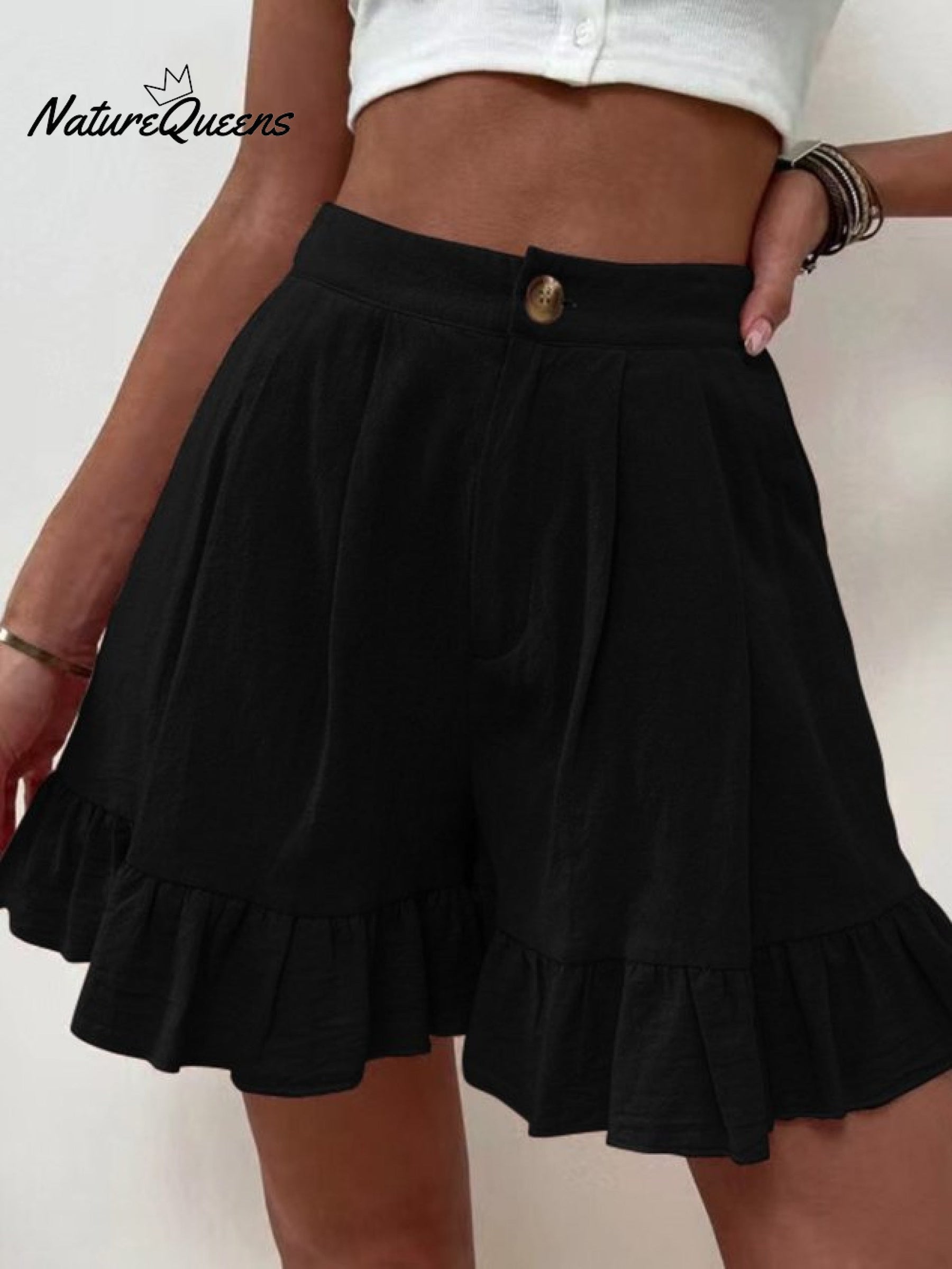 Women Summer Cotton Casual Plain Natural Ruffled Shorts