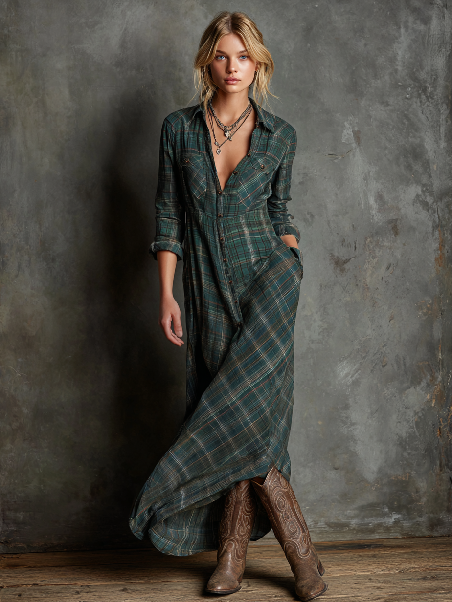 Women's Plaid Lapel Single-Breasted Shirt Maxi Dres