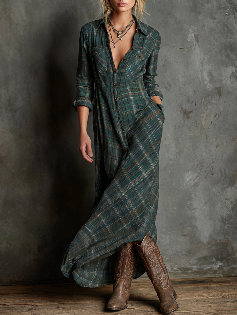 Women's Plaid Lapel Single-Breasted Shirt Maxi Dres