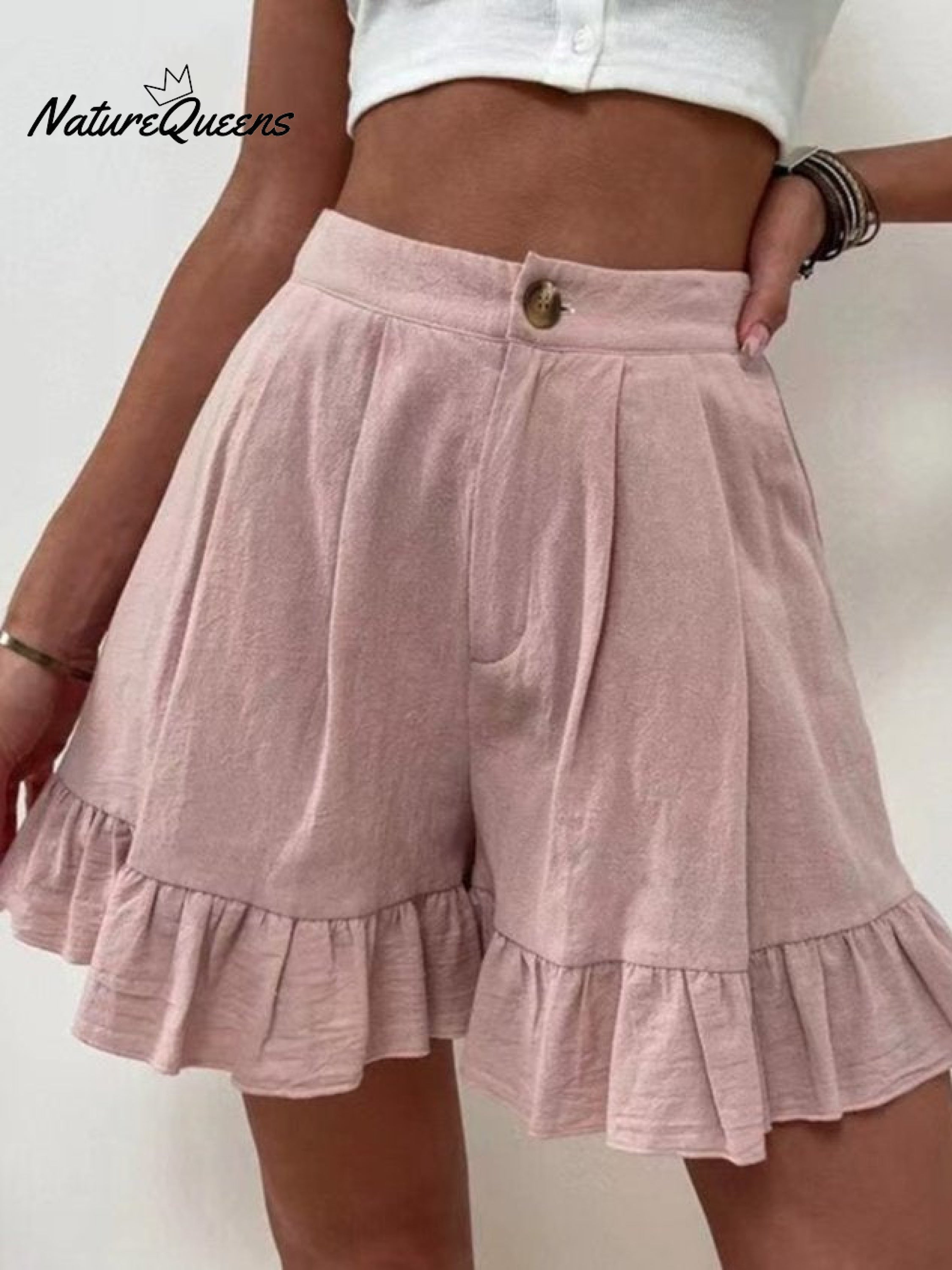 Women Summer Cotton Casual Plain Natural Ruffled Shorts