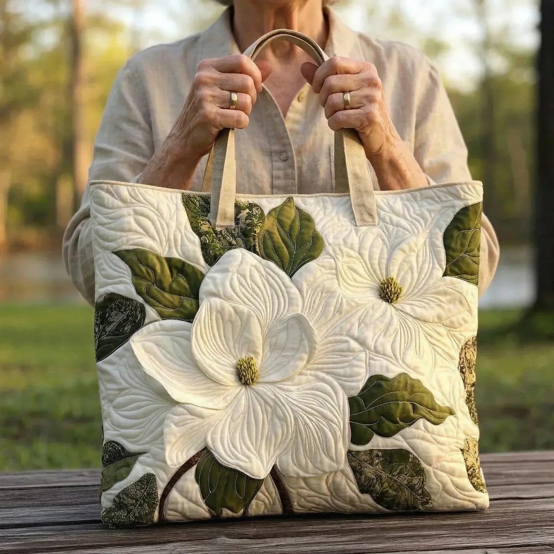 Ručně šitá prošívaná taška - Elegantní bílé lilie" může být přepsána jako: "Ruční šití: Prošívaná taška s elegantním designem bílých lilií.