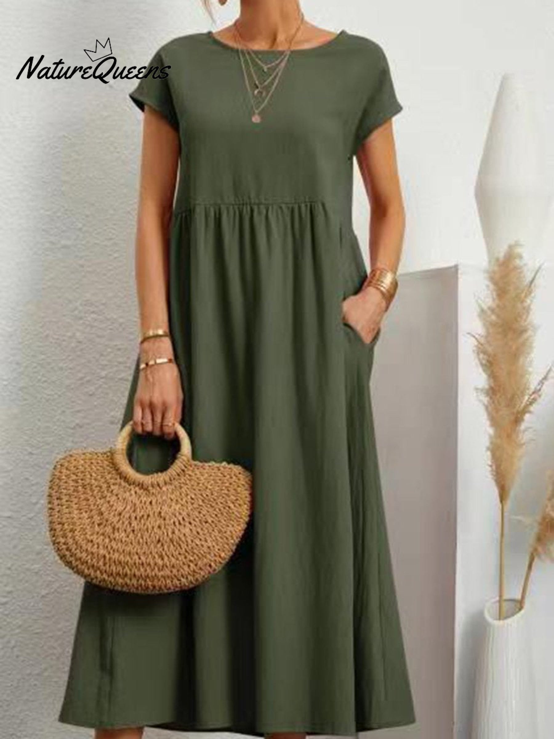 Women's Solid Color Cotton Linen Round Neck A-Line Dress