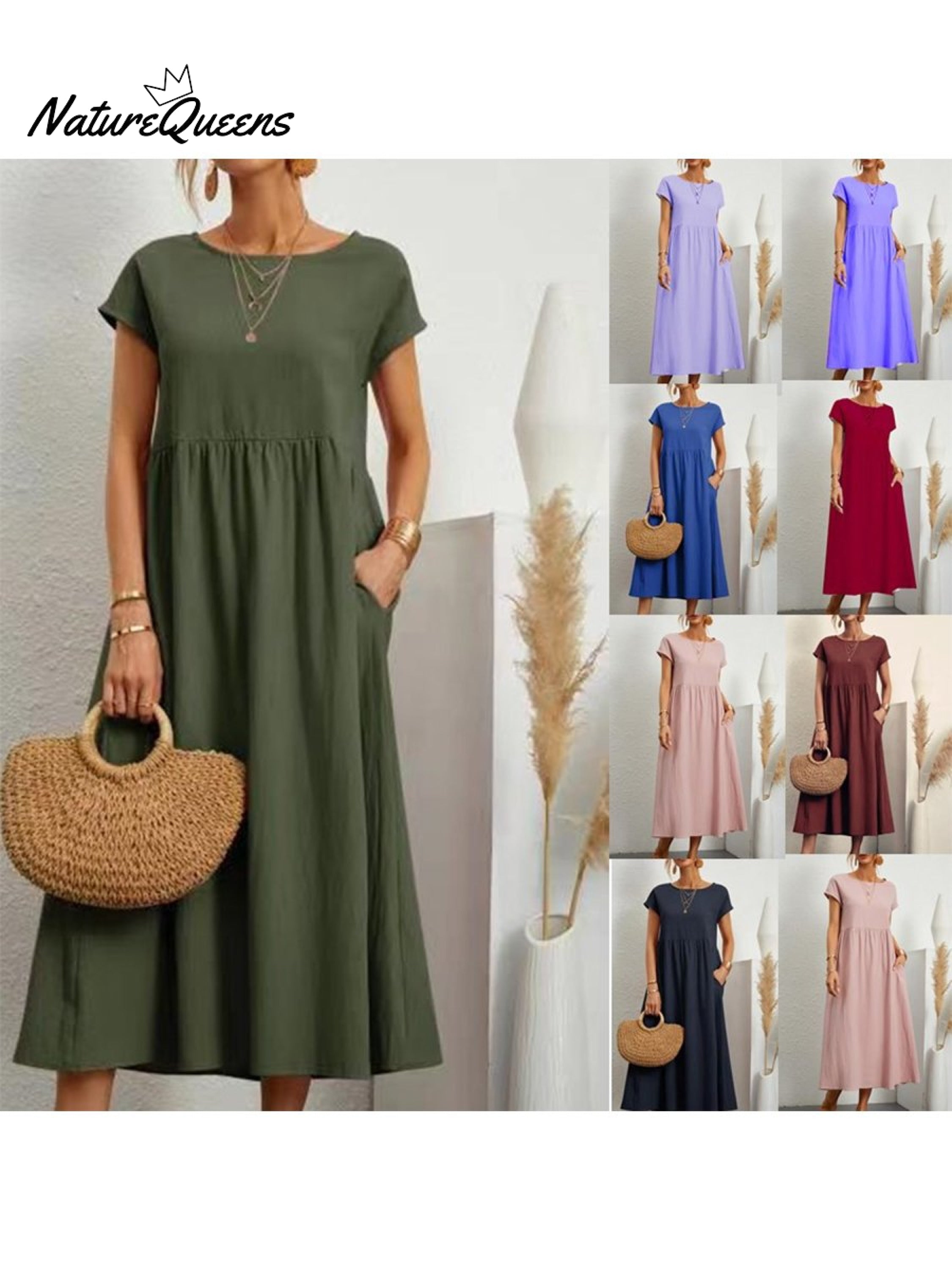 Women's Solid Color Cotton Linen Round Neck A-Line Dress