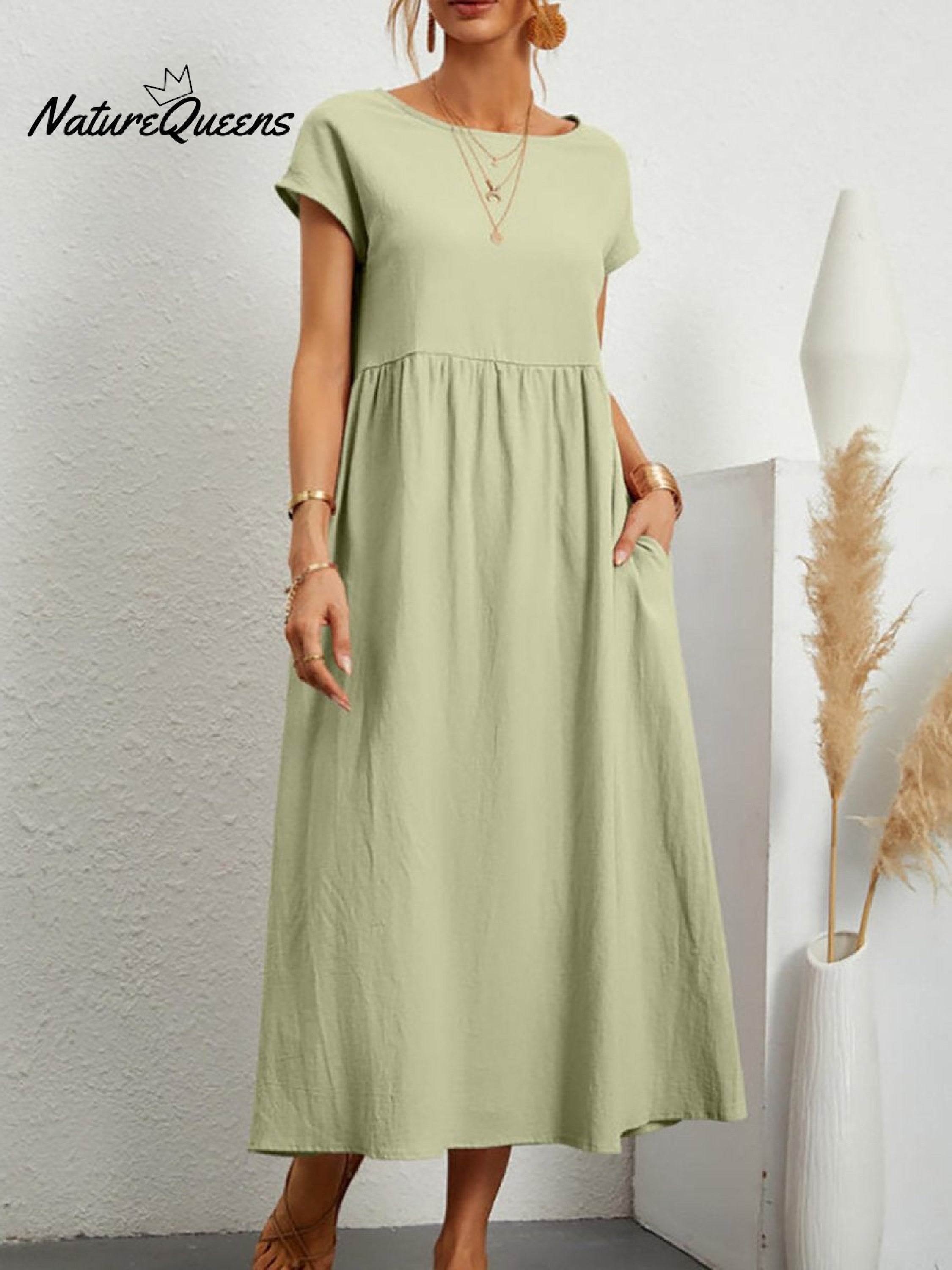 Women's Solid Color Cotton Linen Round Neck A-Line Dress