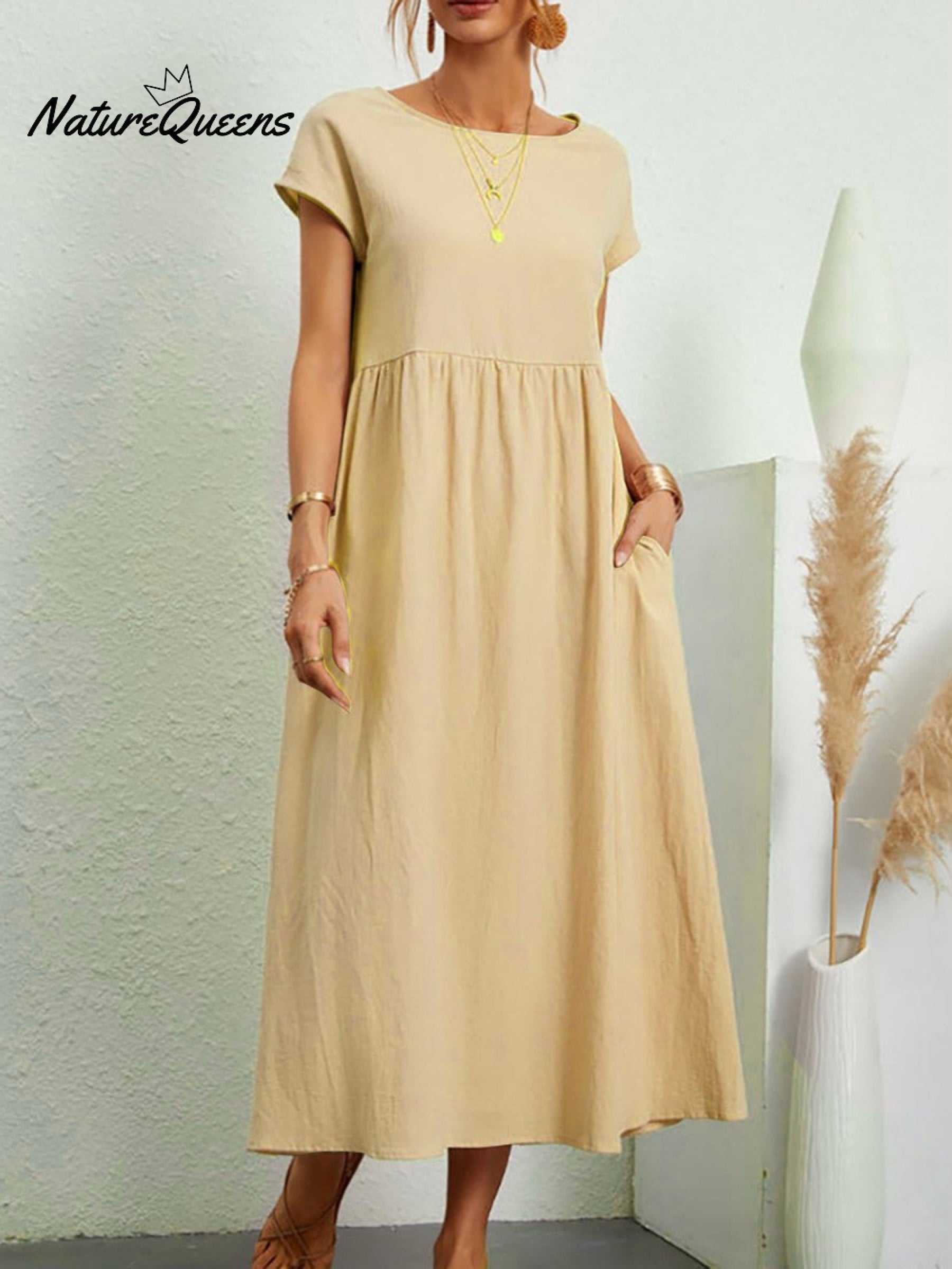 Women's Solid Color Cotton Linen Round Neck A-Line Dress