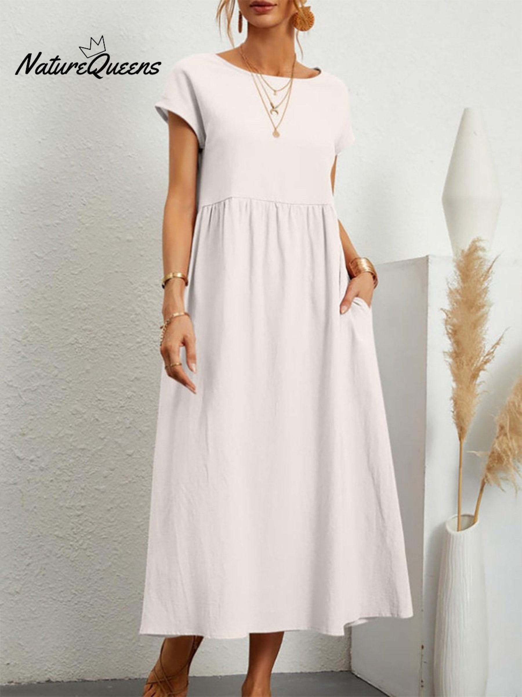 Women's Solid Color Cotton Linen Round Neck A-Line Dress