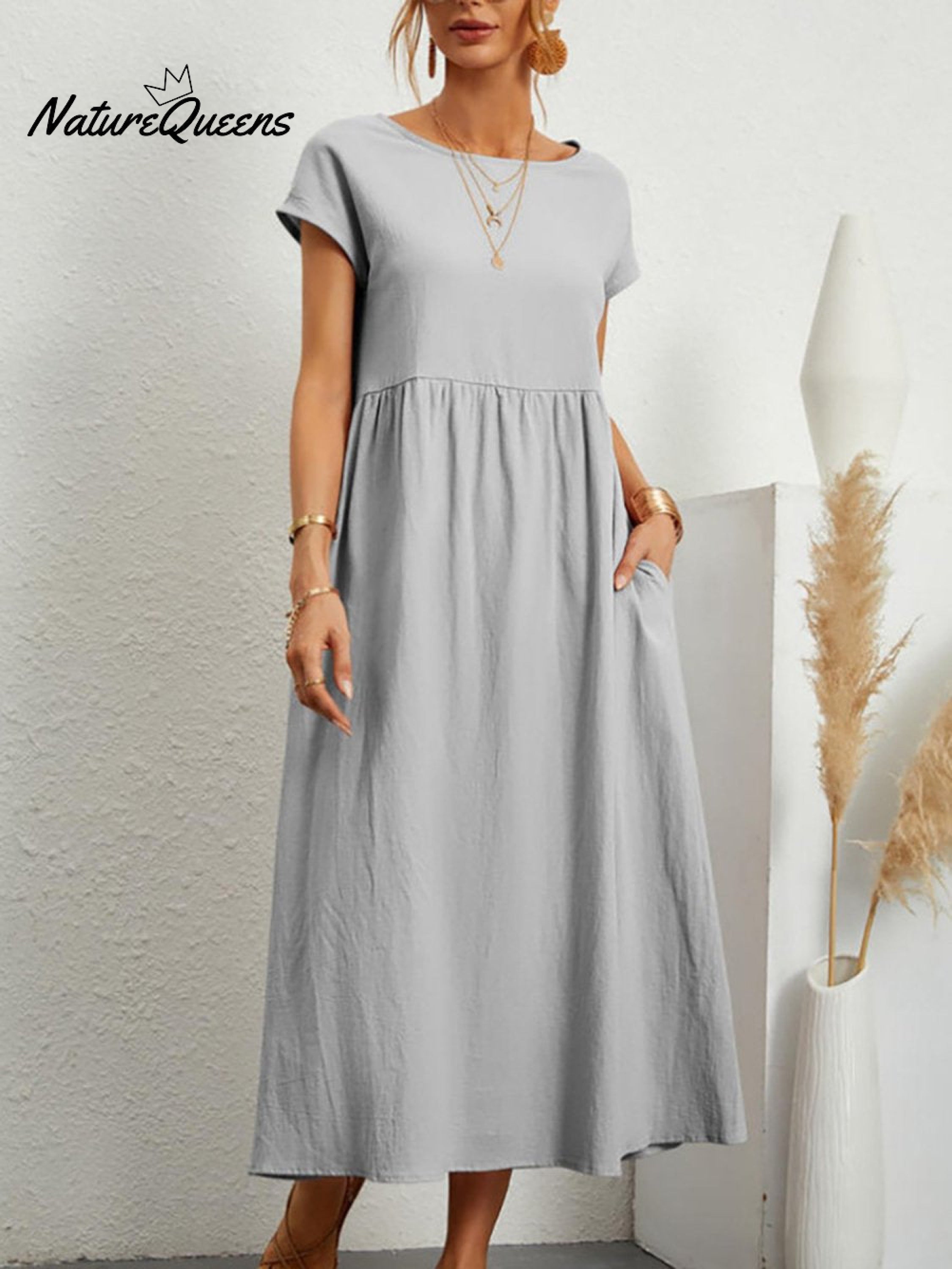 Women's Solid Color Cotton Linen Round Neck A-Line Dress