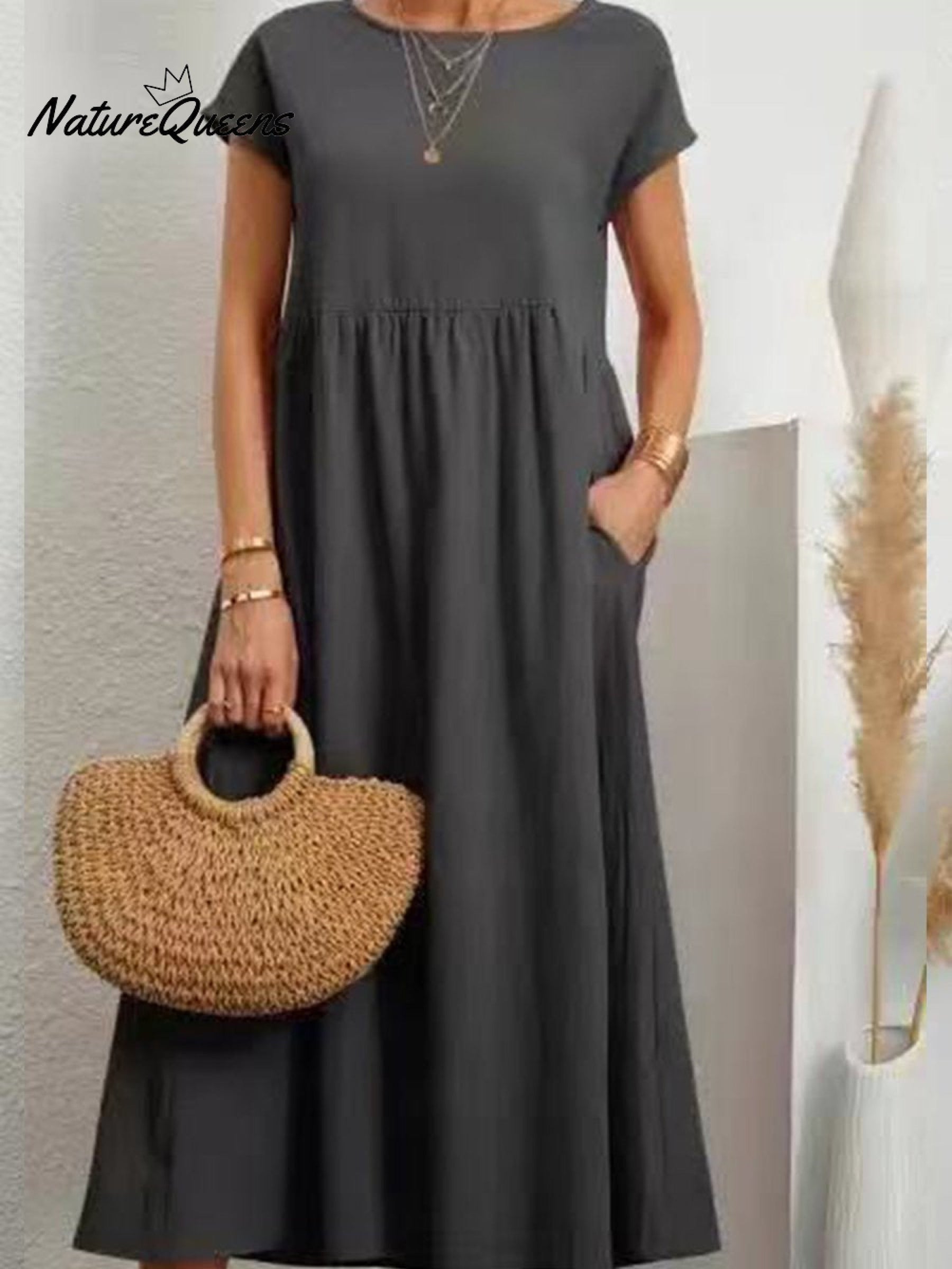 Women's Solid Color Cotton Linen Round Neck A-Line Dress