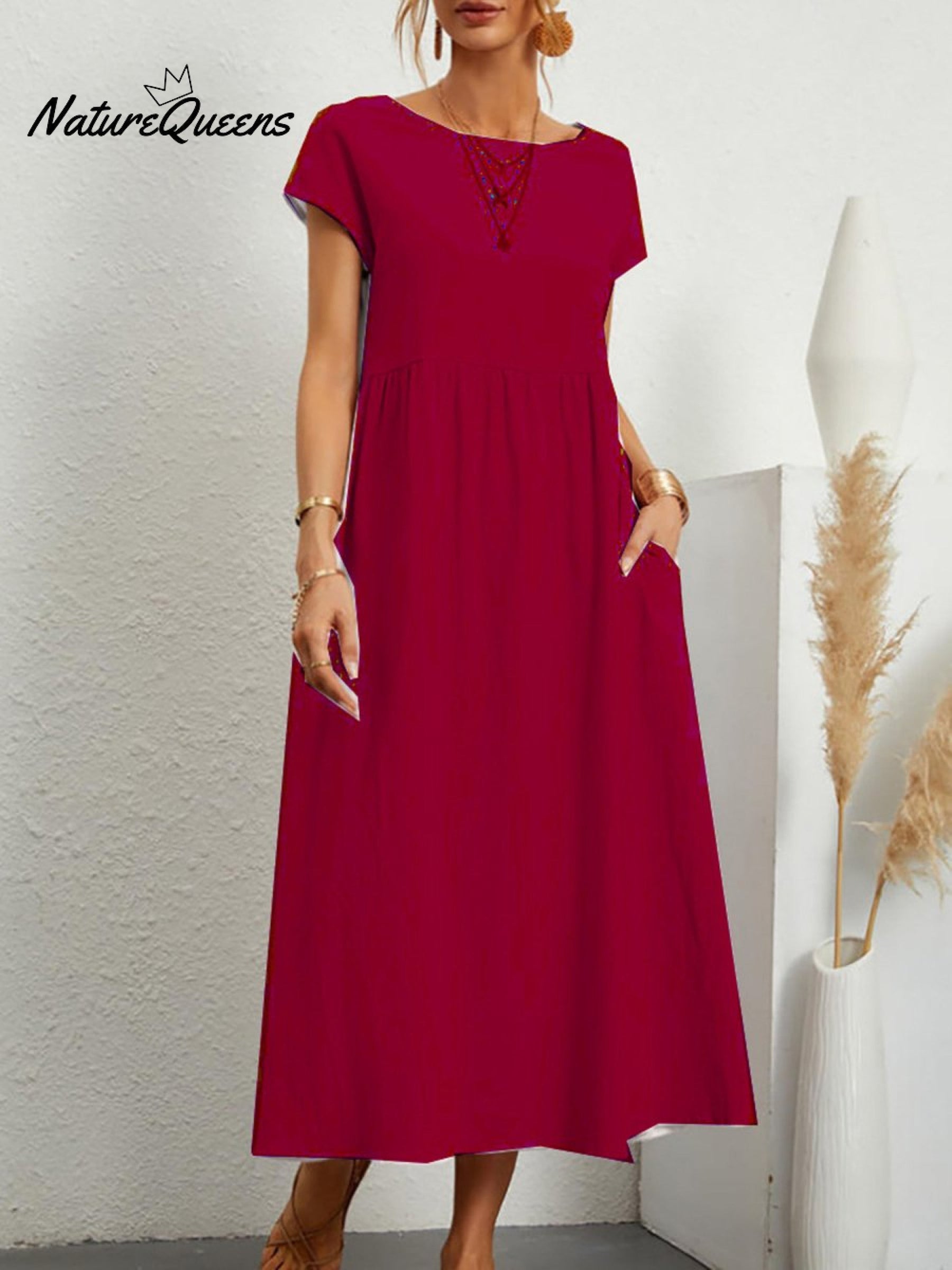 Women's Solid Color Cotton Linen Round Neck A-Line Dress