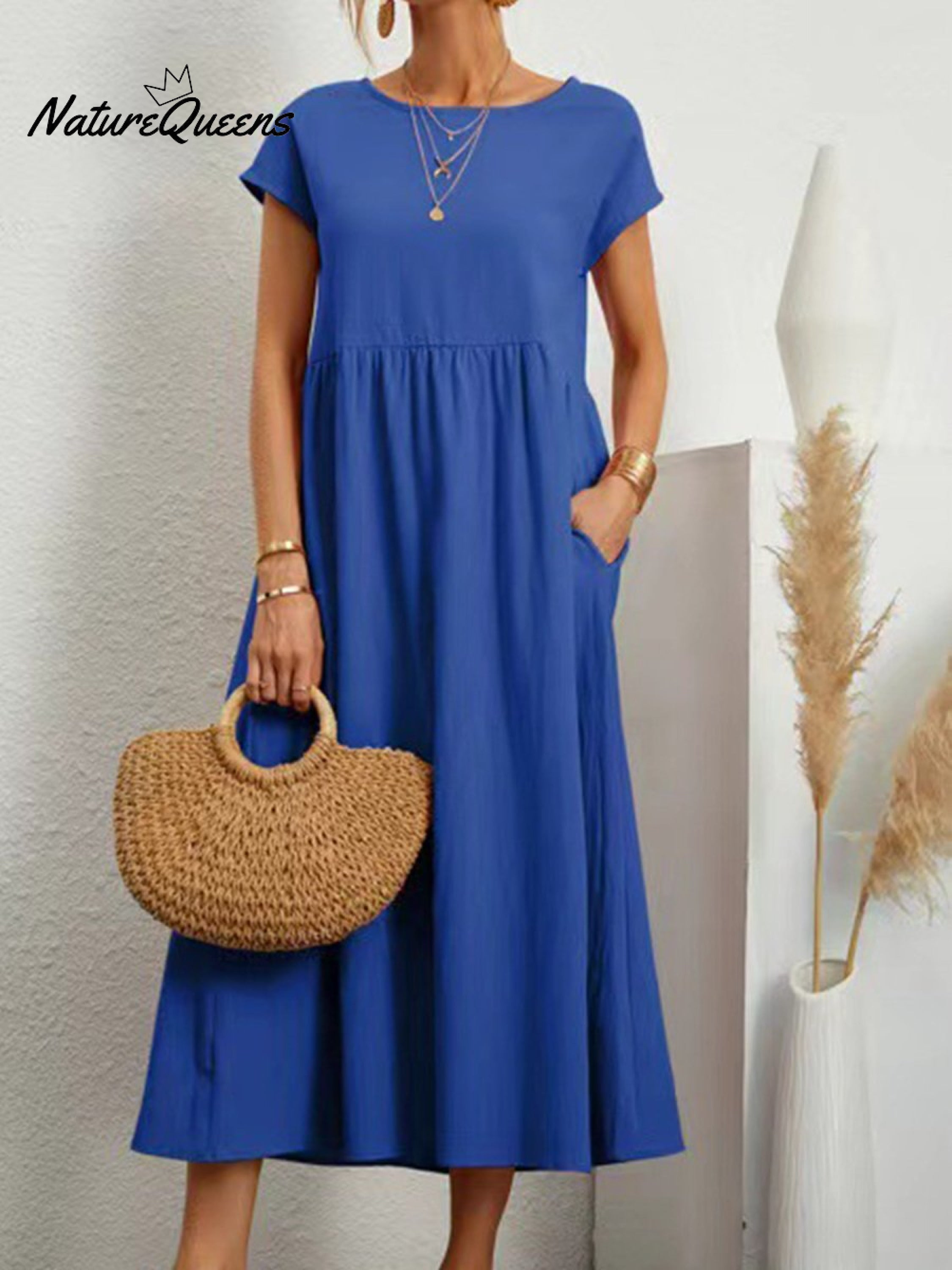Women's Solid Color Cotton Linen Round Neck A-Line Dress
