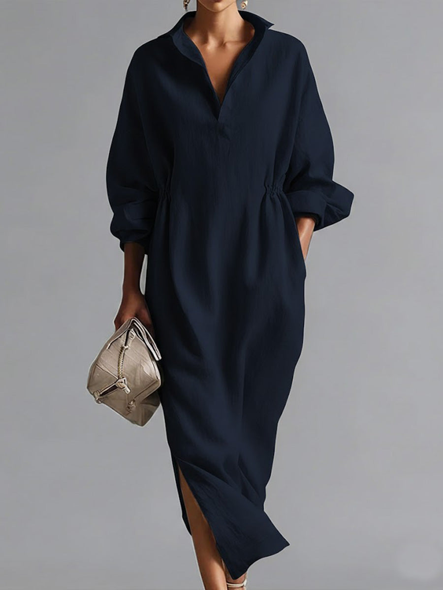 Women's Solid Color Lapel Long-sleeved Casual Loose Cotton Dress