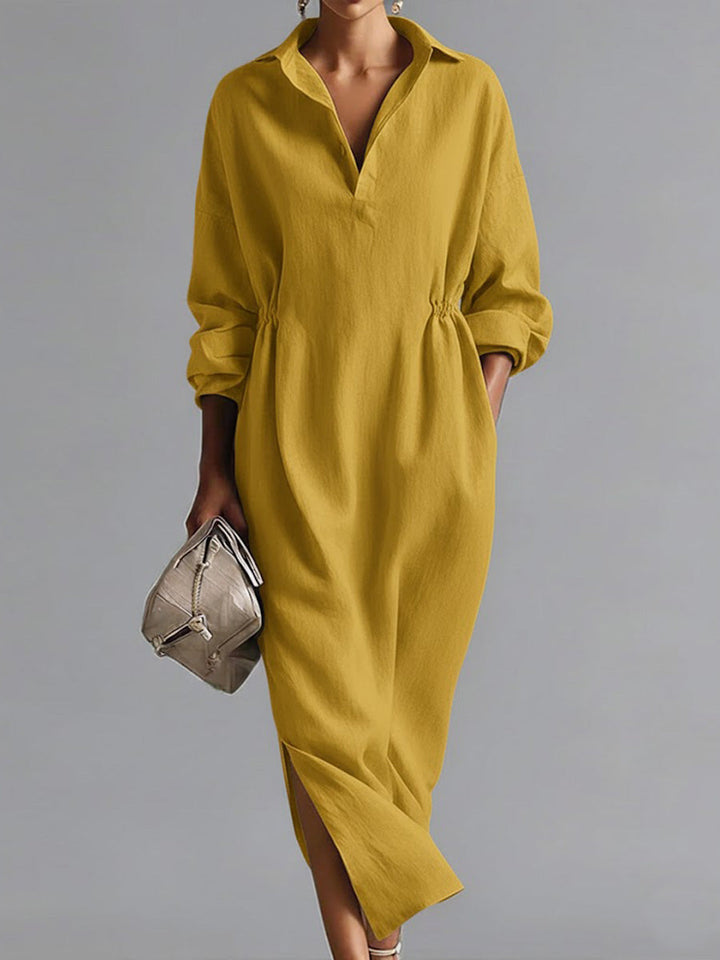 Women's Solid Color Lapel Long-sleeved Casual Loose Cotton Dress