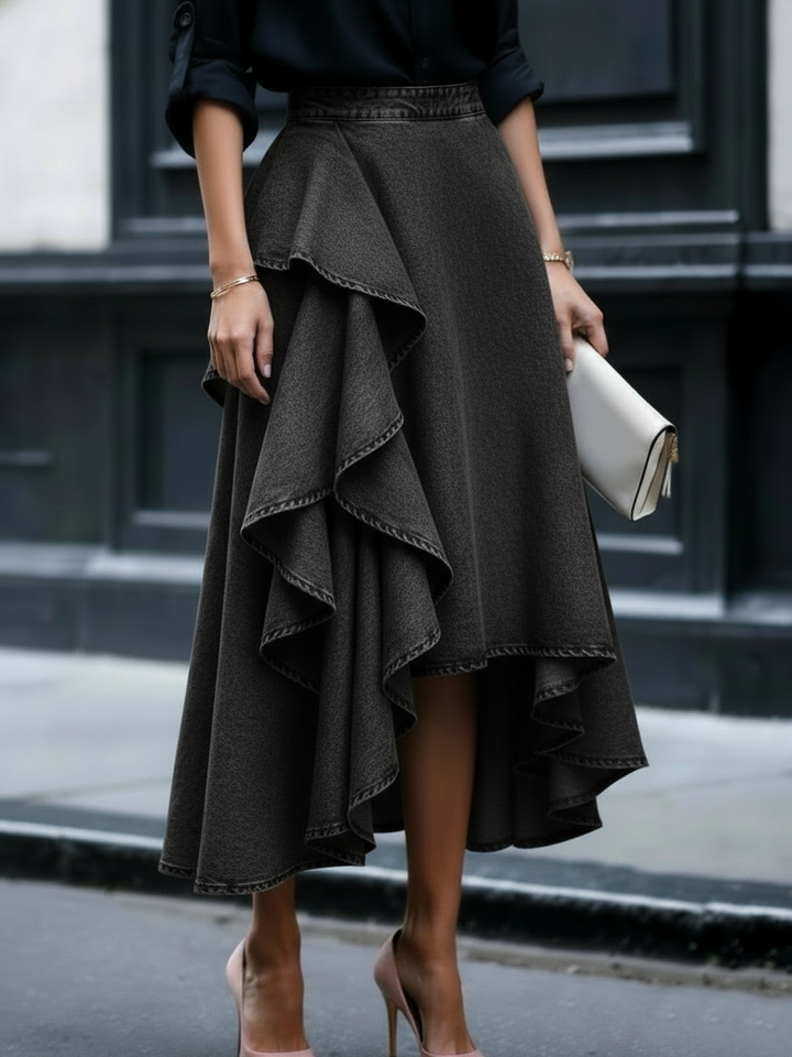 Elegant Stylish Multi-layered Ruffled Denim Skirt