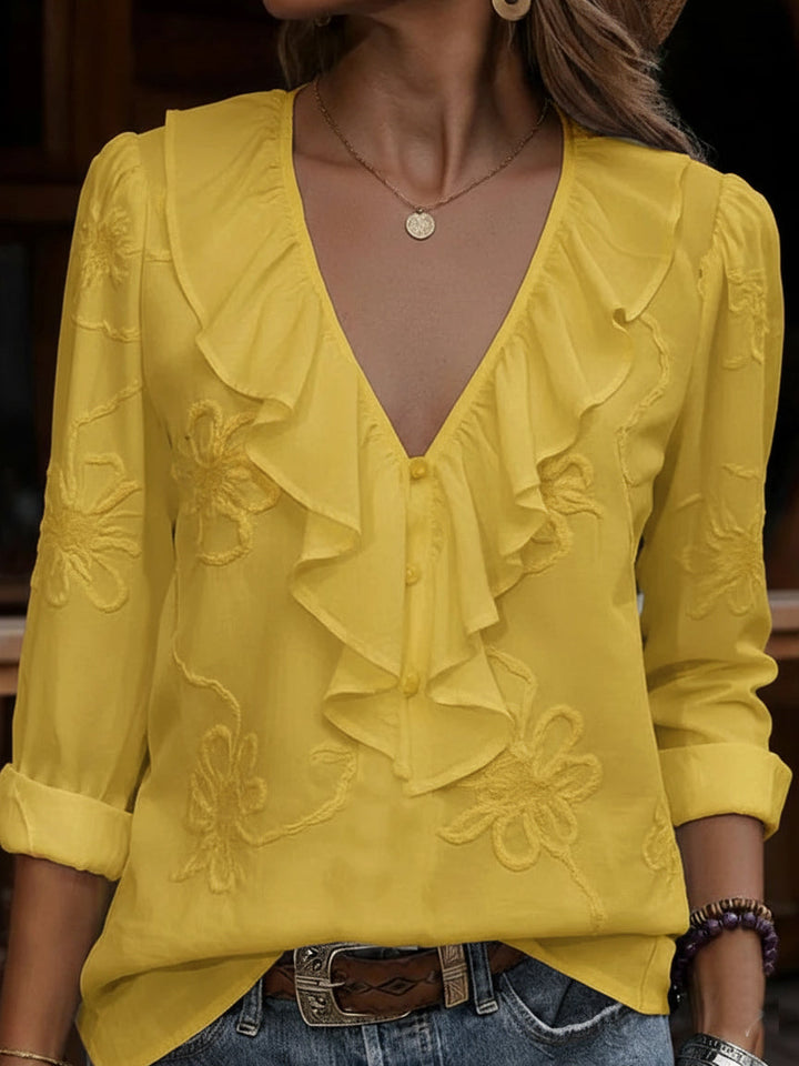 Vintage ruffled V-neck shirt with embroidered flowers