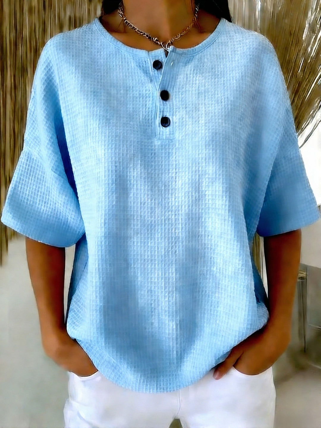 Casual Waffle Henry Collar Sweatshirt