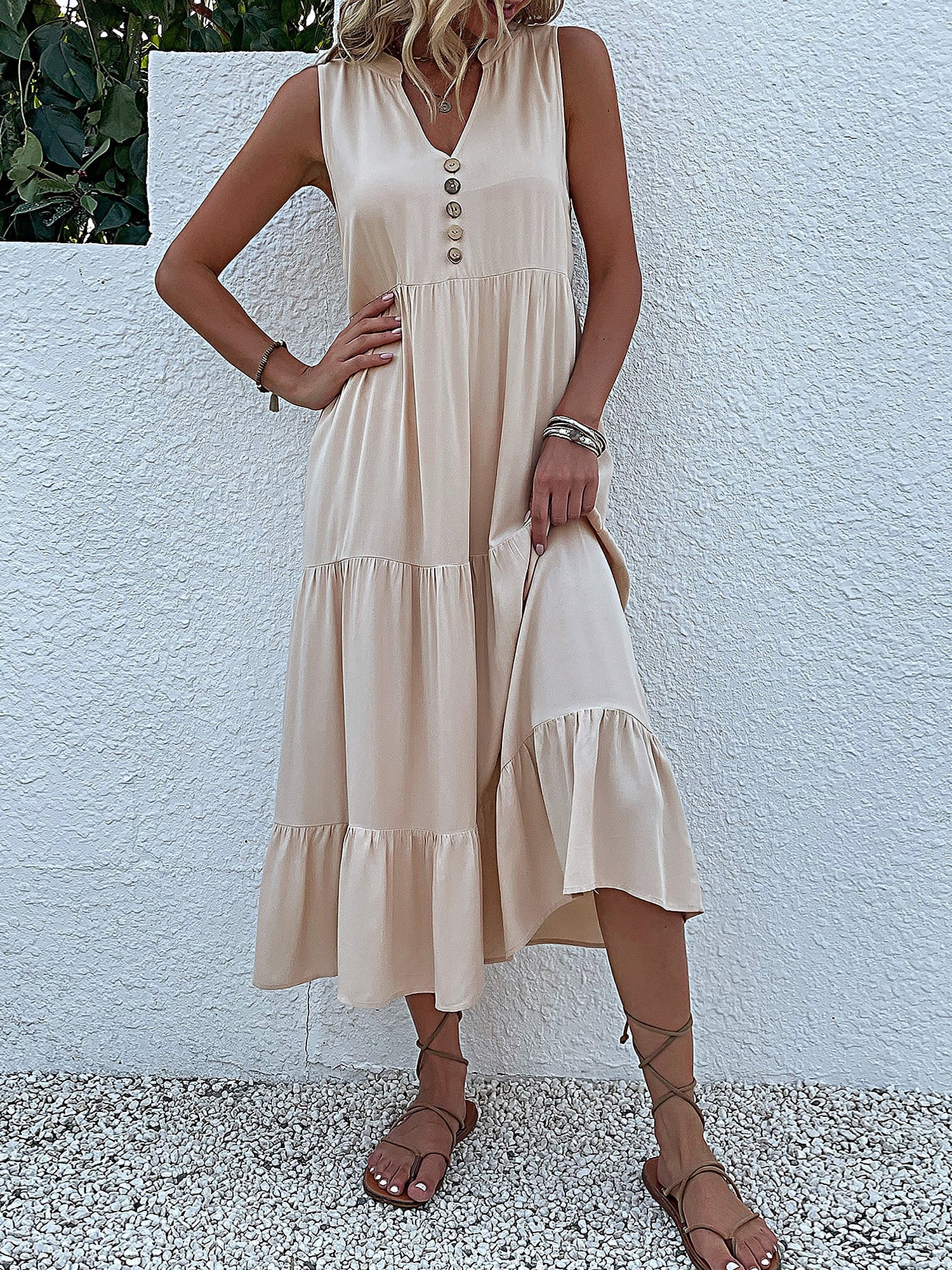 Notch Neck Buttoned Sleeveless Tiered Midi Dress