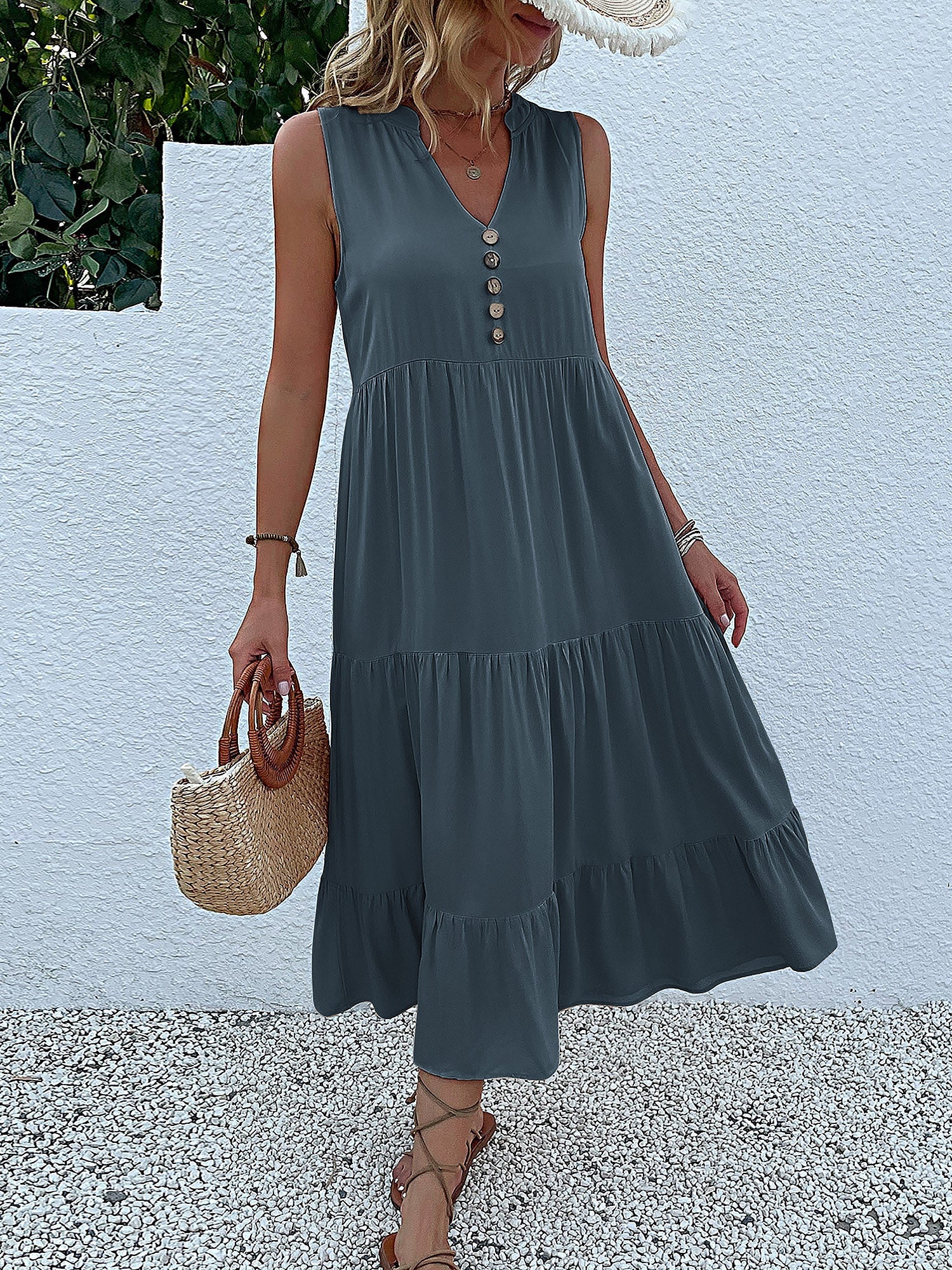 Notch Neck Buttoned Sleeveless Tiered Midi Dress