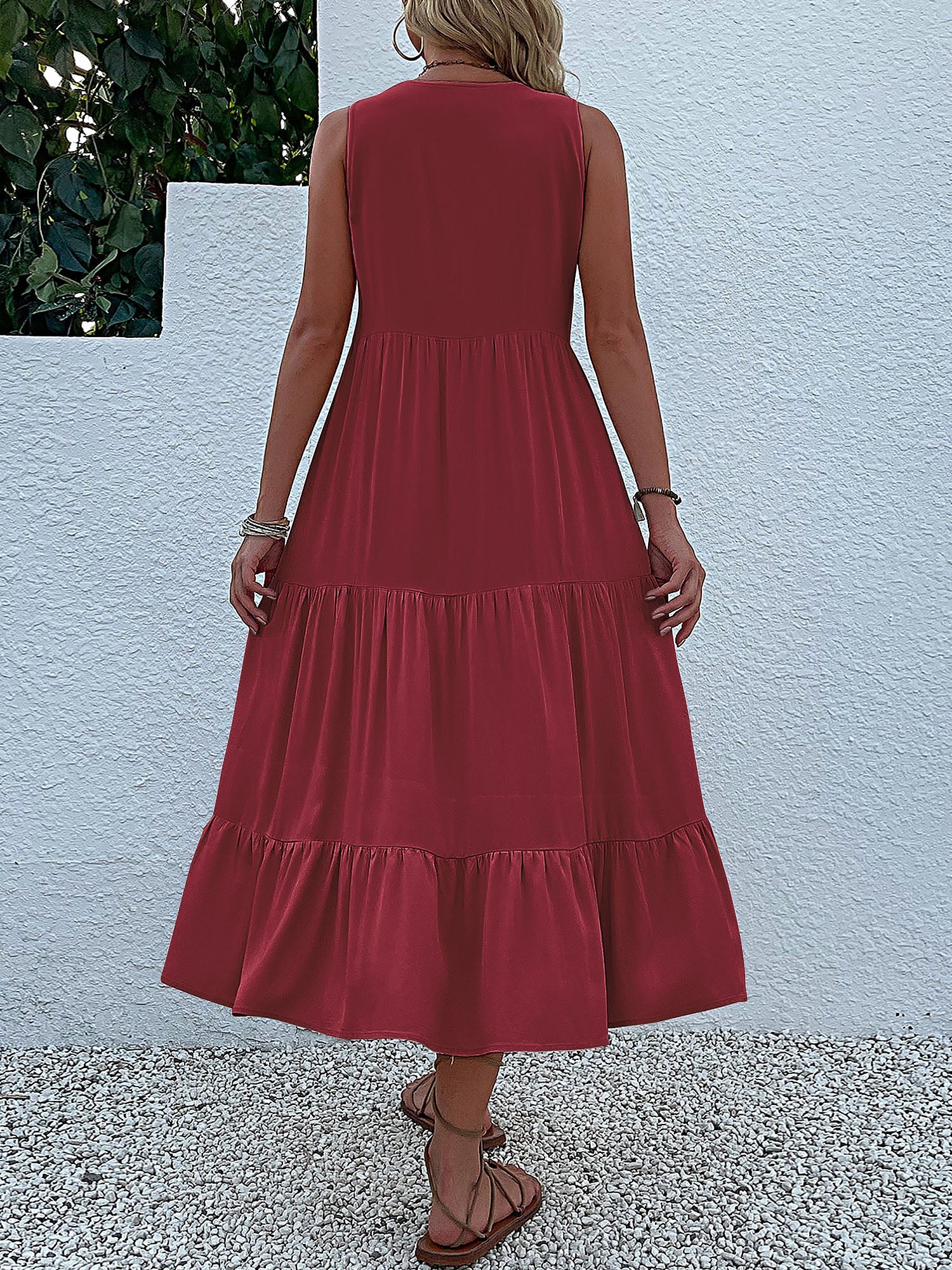 Notch Neck Buttoned Sleeveless Tiered Midi Dress