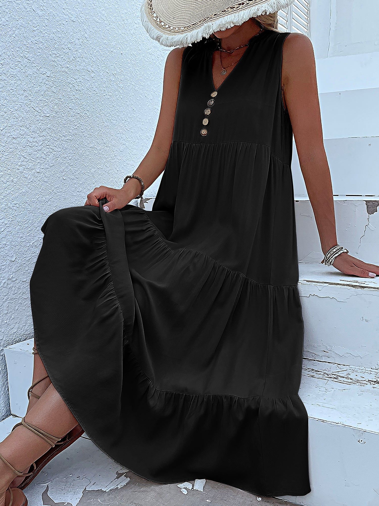 Notch Neck Buttoned Sleeveless Tiered Midi Dress