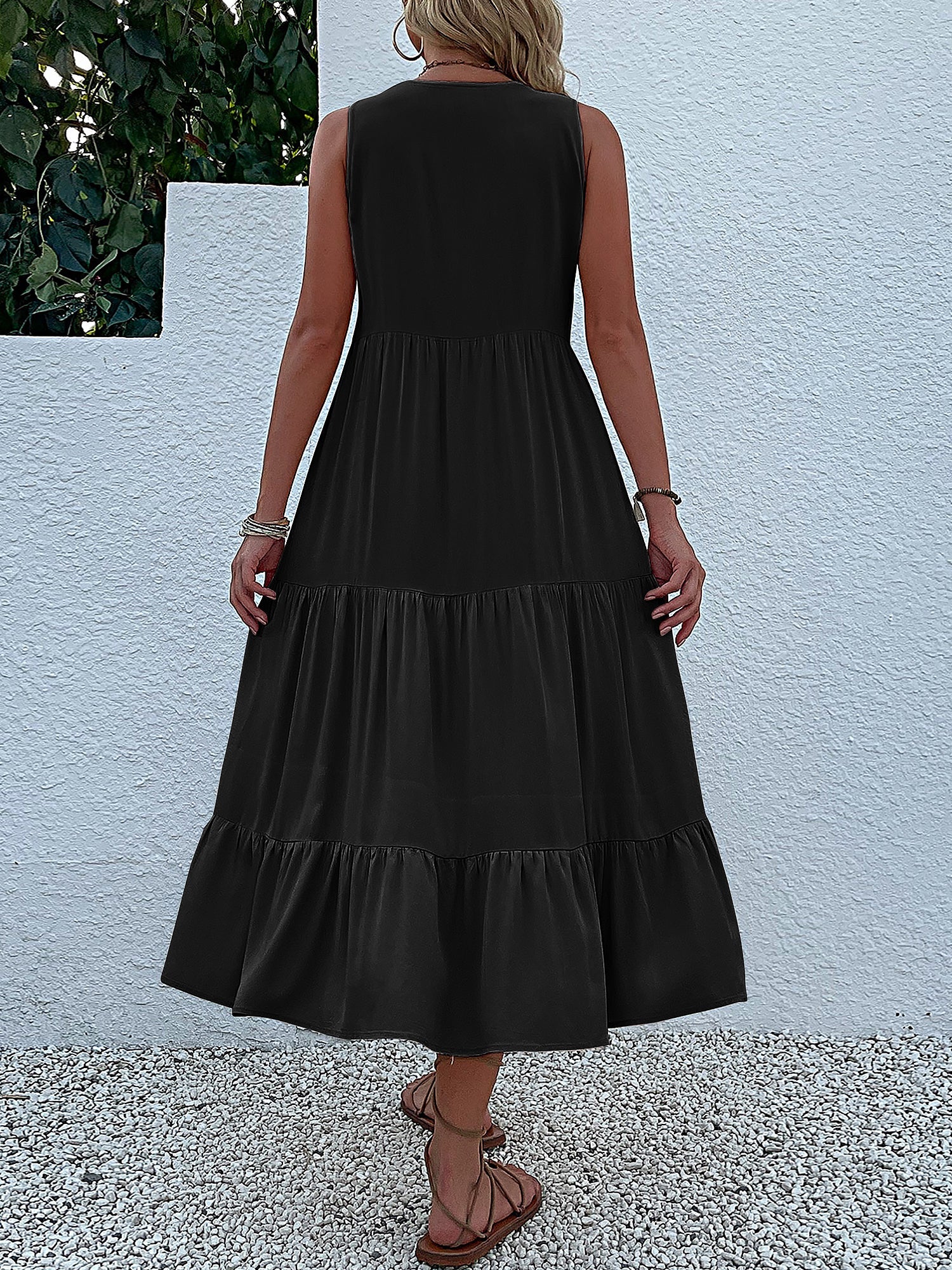Notch Neck Buttoned Sleeveless Tiered Midi Dress