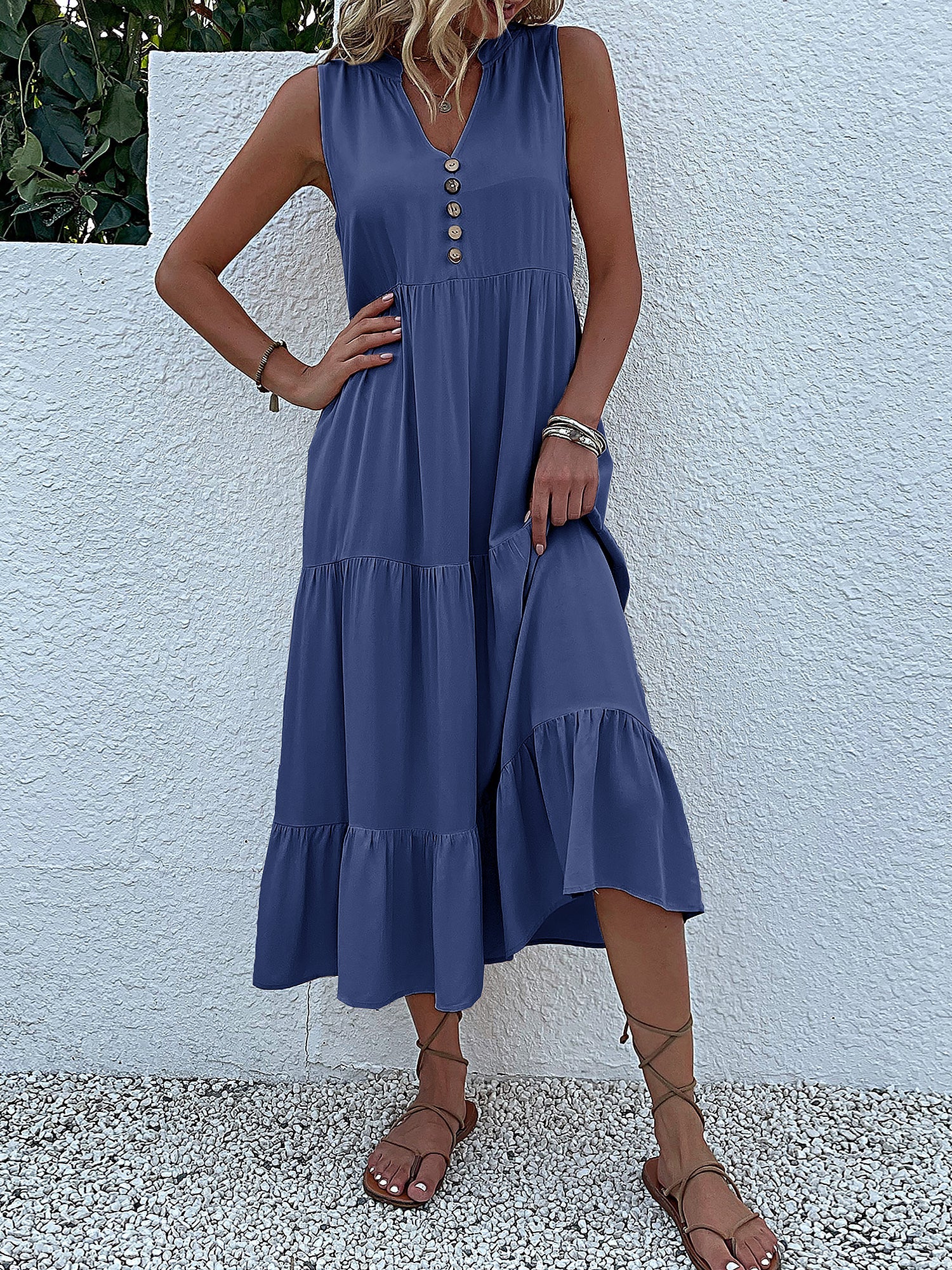 Notch Neck Buttoned Sleeveless Tiered Midi Dress