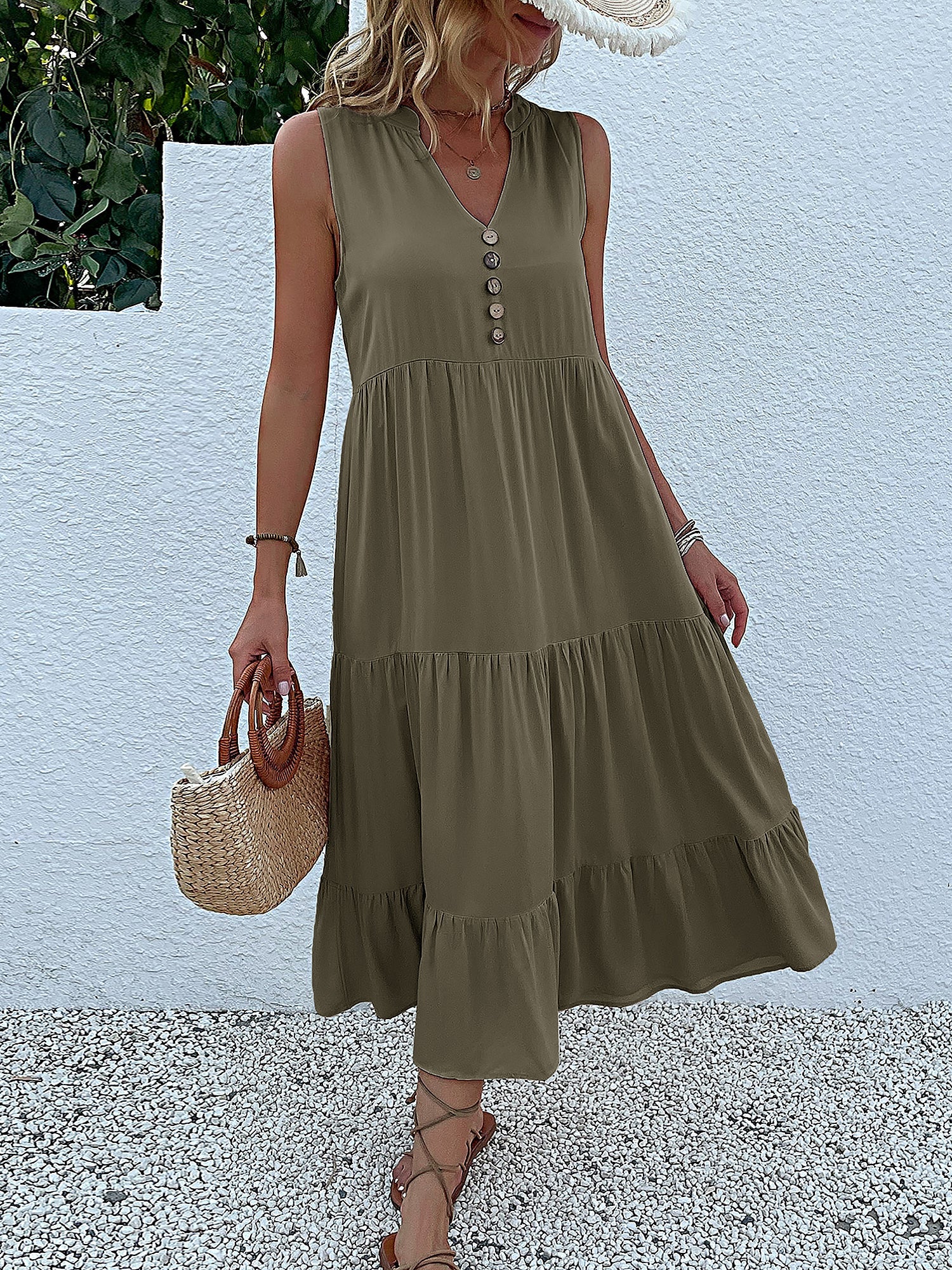 Notch Neck Buttoned Sleeveless Tiered Midi Dress
