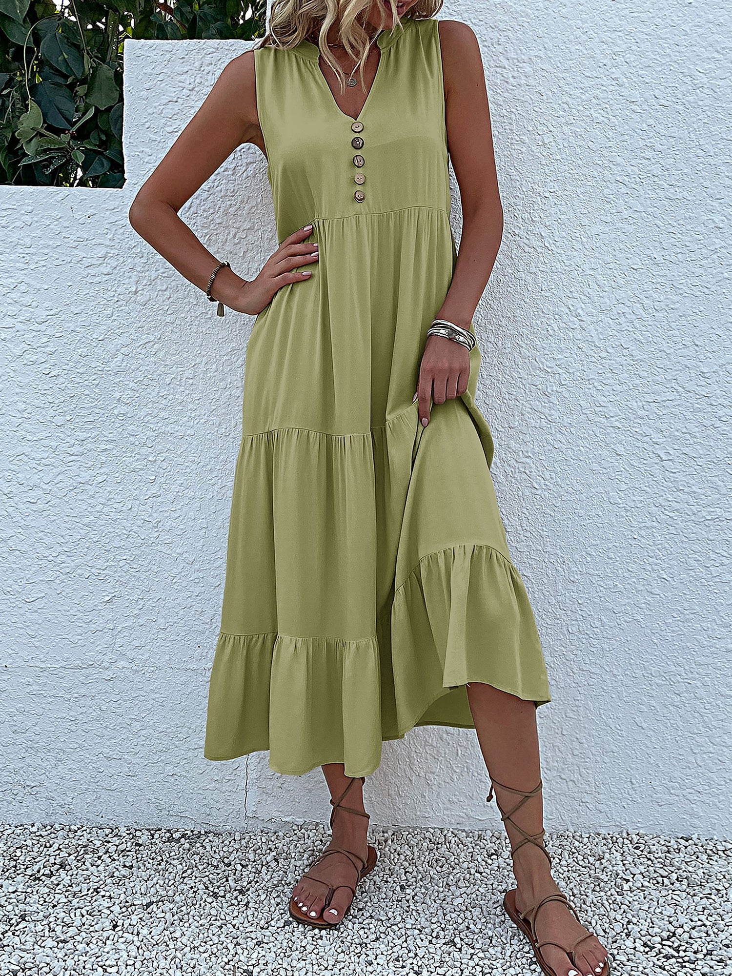 Notch Neck Buttoned Sleeveless Tiered Midi Dress