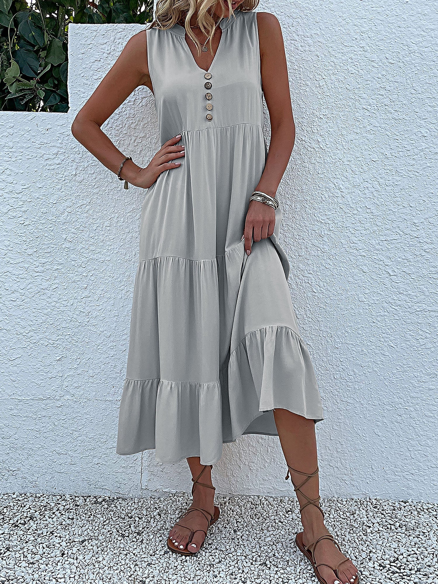 Notch Neck Buttoned Sleeveless Tiered Midi Dress