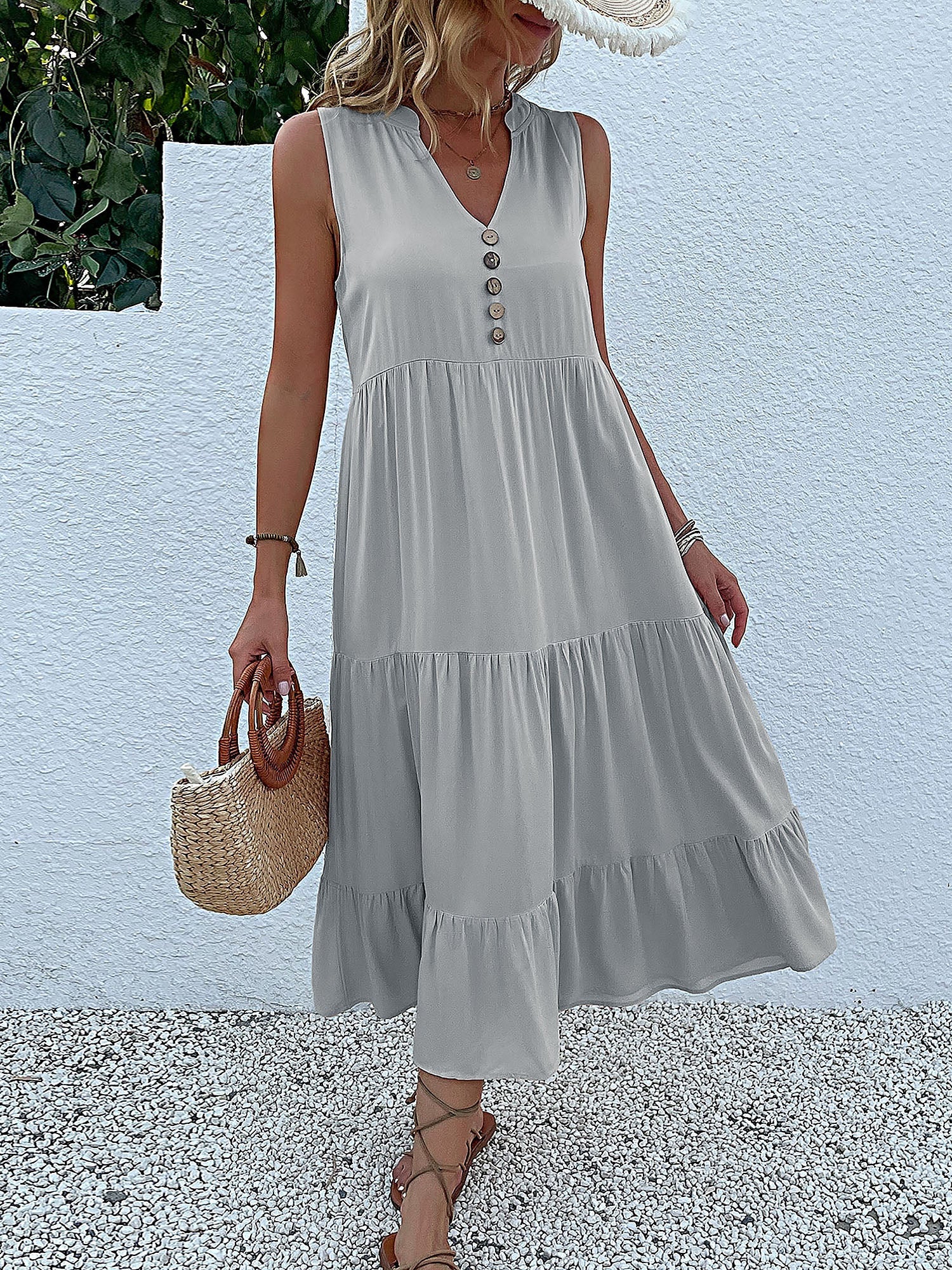 Notch Neck Buttoned Sleeveless Tiered Midi Dress
