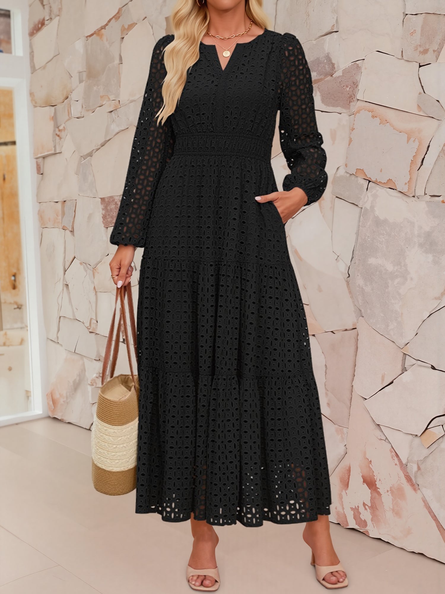 Notch Neck Puff Long Sleeves Eyelet Pockets A-Line Tiered Maxi Dress
